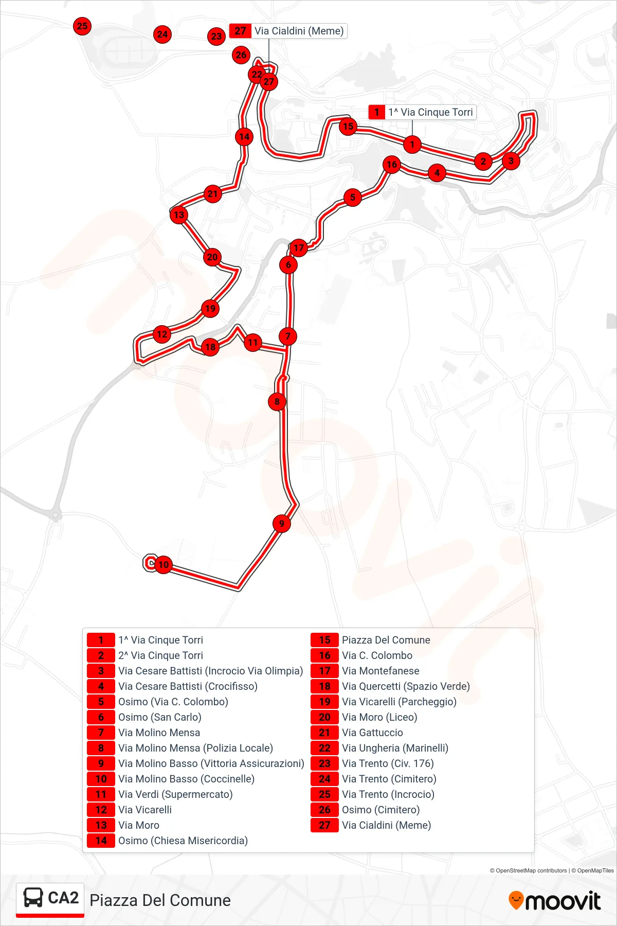 Linea CA2 bus (Piazza Del Comune) - Percorsi e fermate sulla mappa