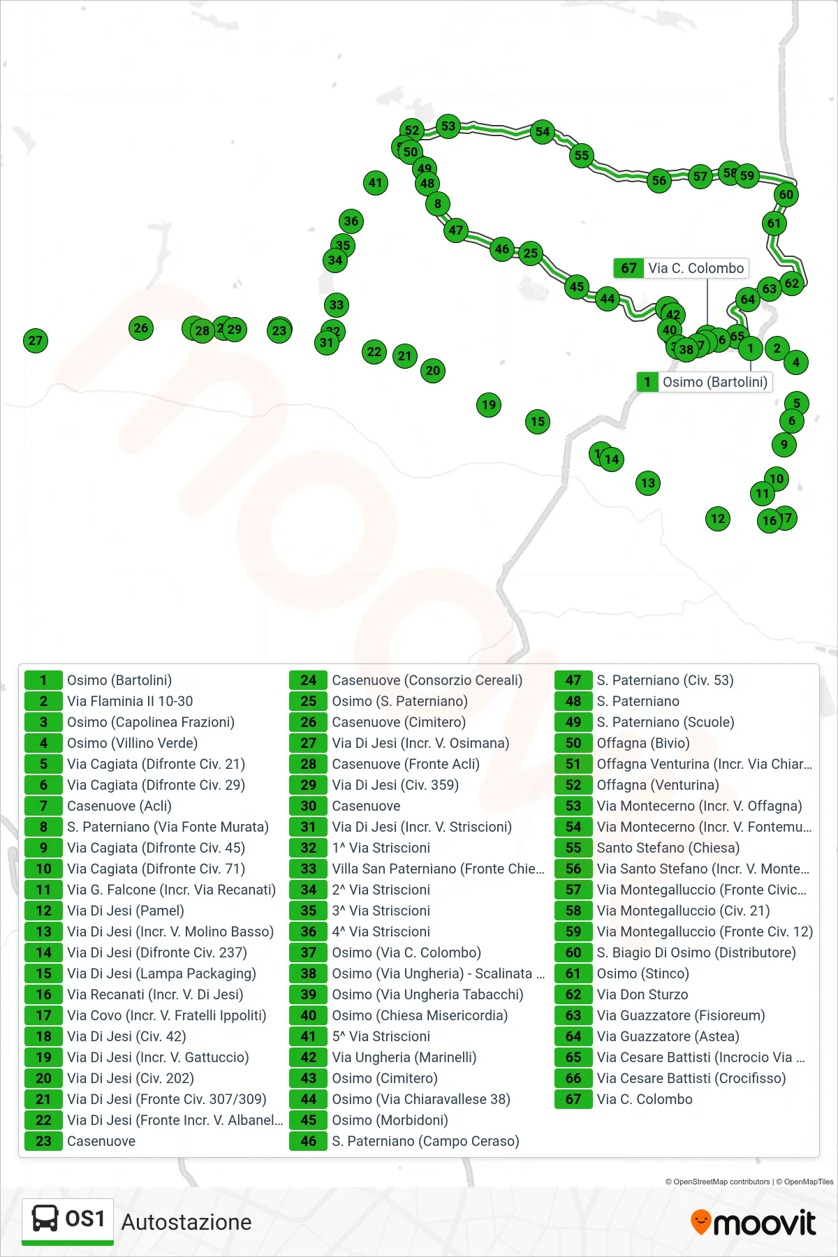 Linea OS1  bus (Autostazione) - Percorsi e fermate sulla mappa