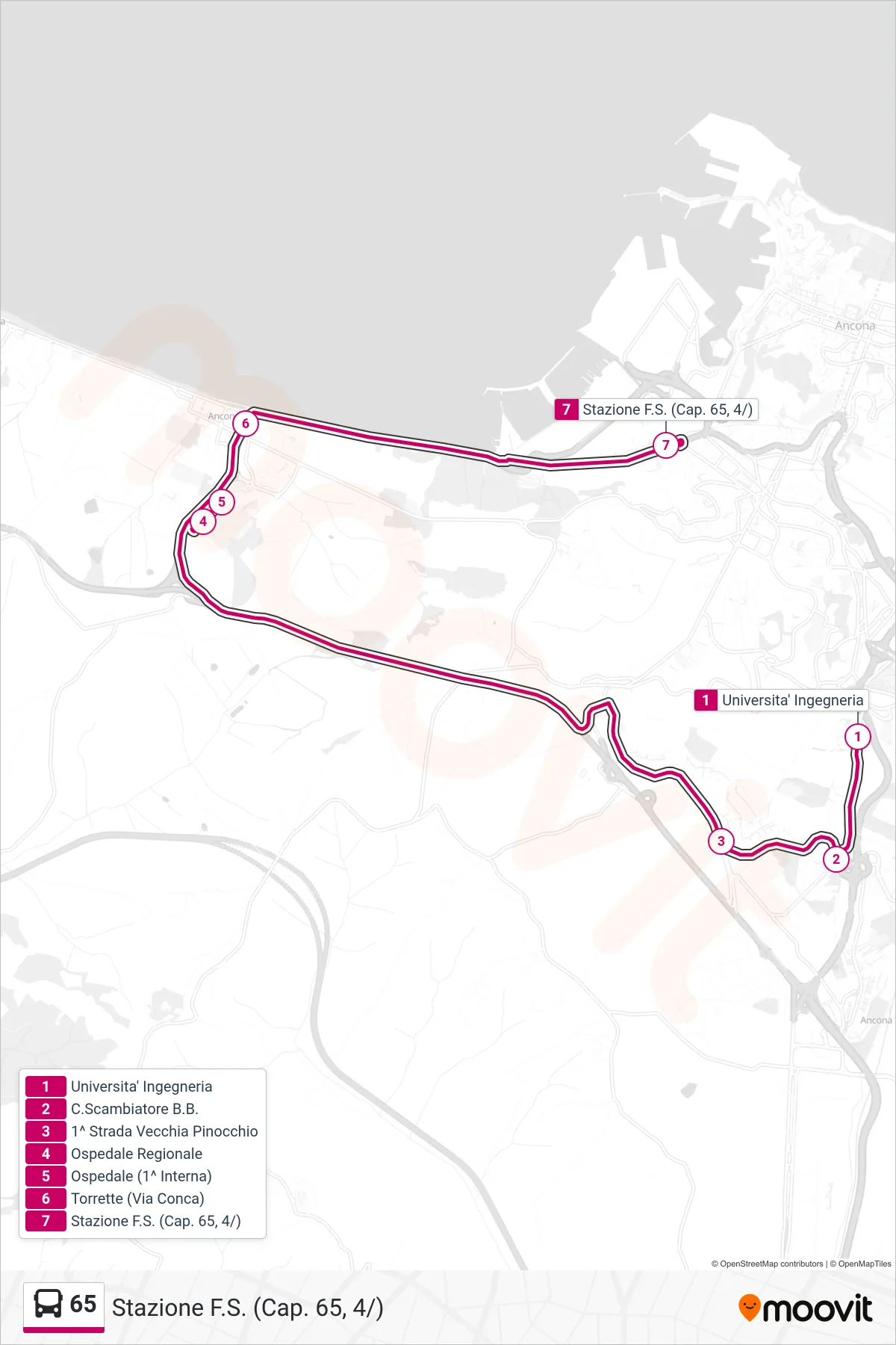 Linea 65  bus (Stazione F.S. (Cap. 65, 4/)) - Percorsi e fermate sulla mappa