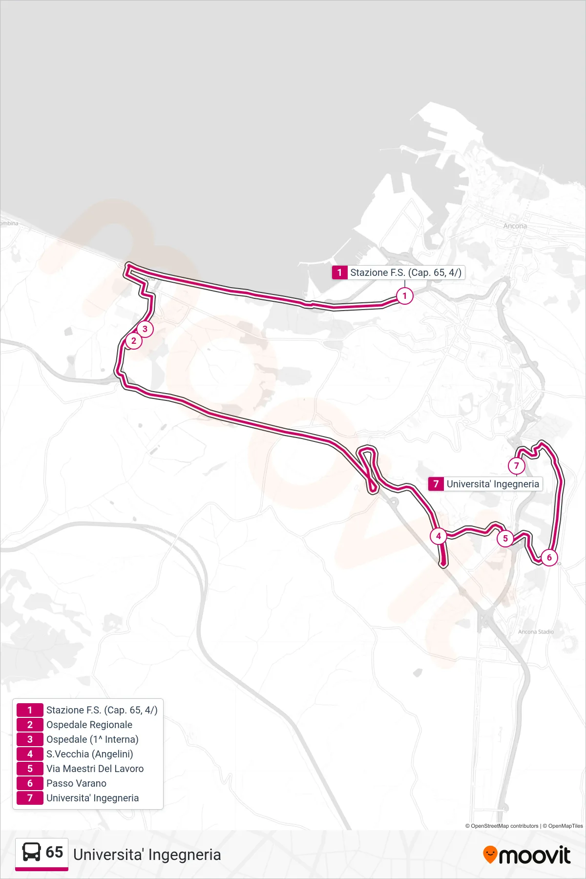 Linea 65 bus (Universita' Ingegneria) - Percorsi e fermate sulla mappa