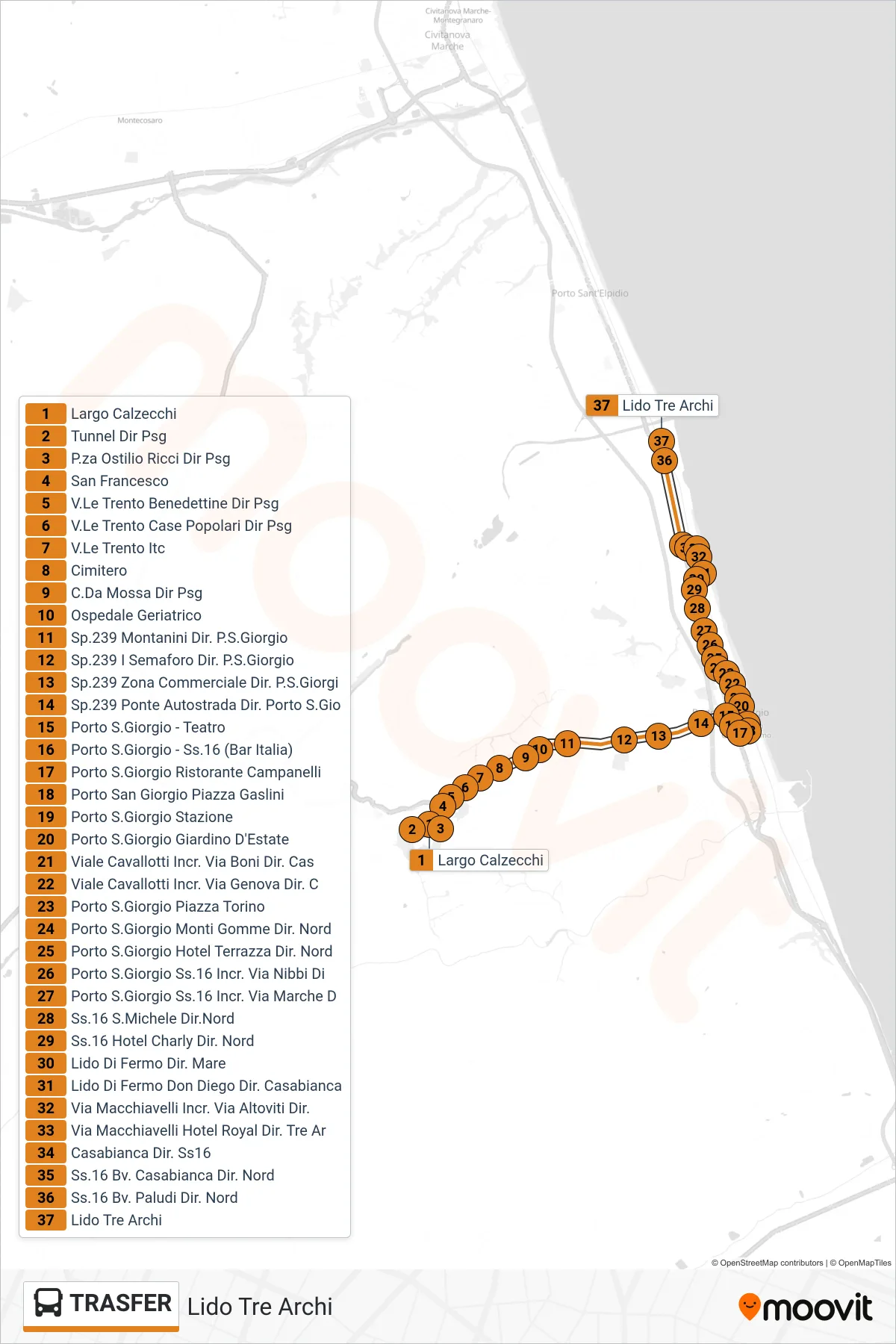 Linea TRASFER bus (Lido Tre Archi) - Percorsi e fermate sulla mappa