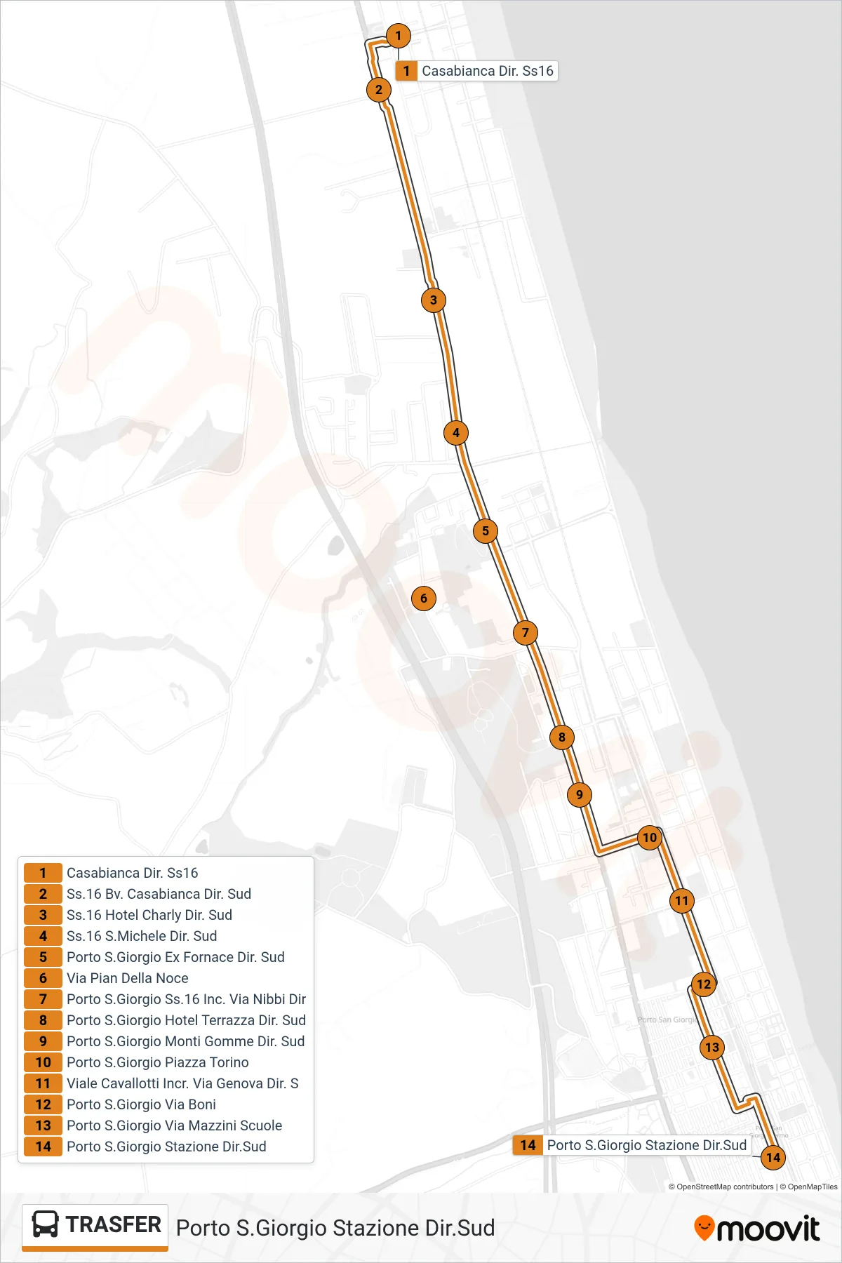 Linea TRASFER  bus (Porto S.Giorgio Stazione Dir.Sud) - Percorsi e fermate sulla mappa