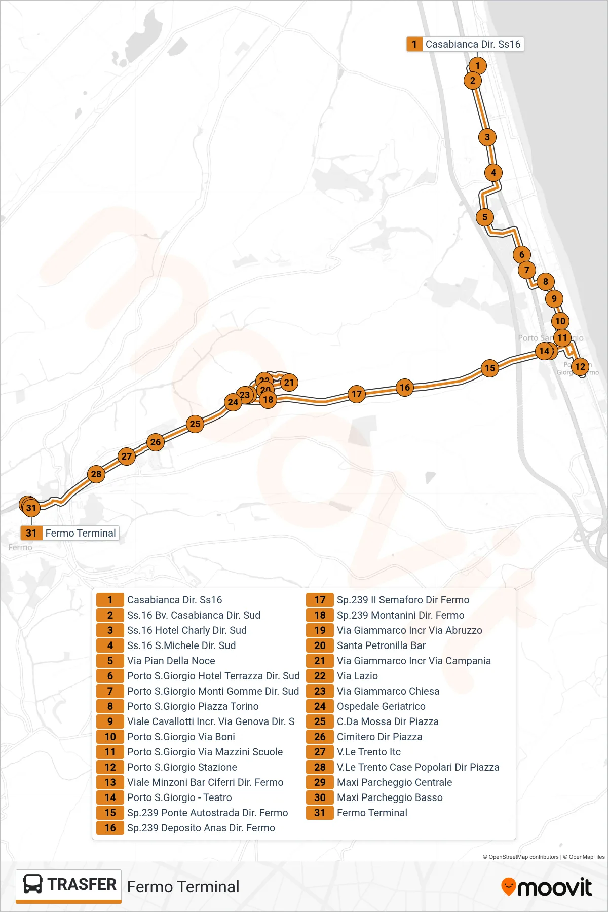 Linea TRASFER bus (Fermo Terminal) - Percorsi e fermate sulla mappa
