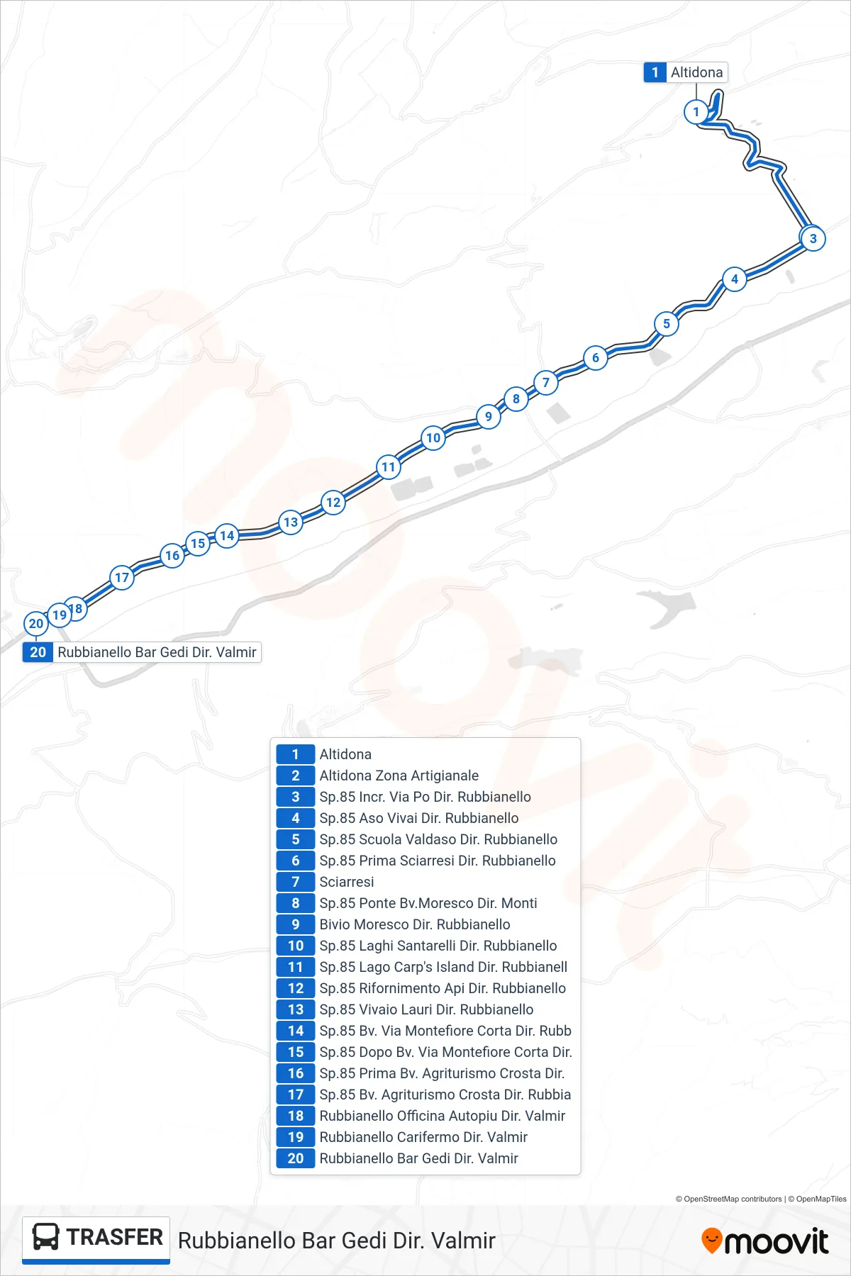 Linea TRASFER  bus (Rubbianello Bar Gedi Dir. Valmir) - Percorsi e fermate sulla mappa