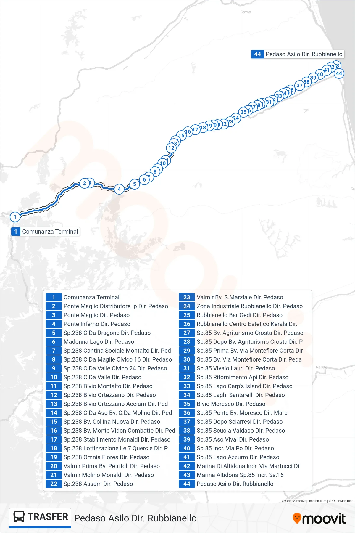 Linea TRASFER bus (Pedaso Asilo Dir. Rubbianello) - Percorsi e fermate sulla mappa