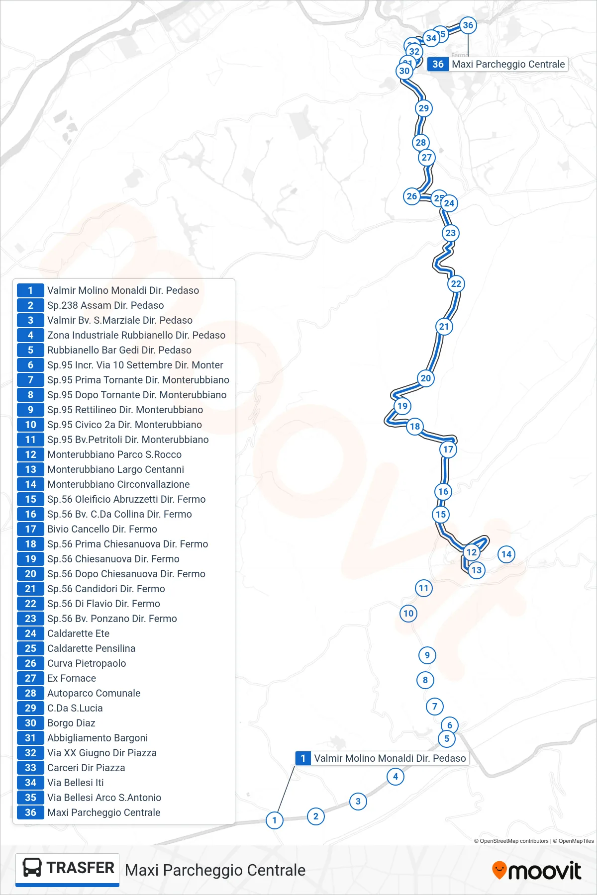 Linea TRASFER bus (Maxi Parcheggio Centrale) - Percorsi e fermate sulla mappa