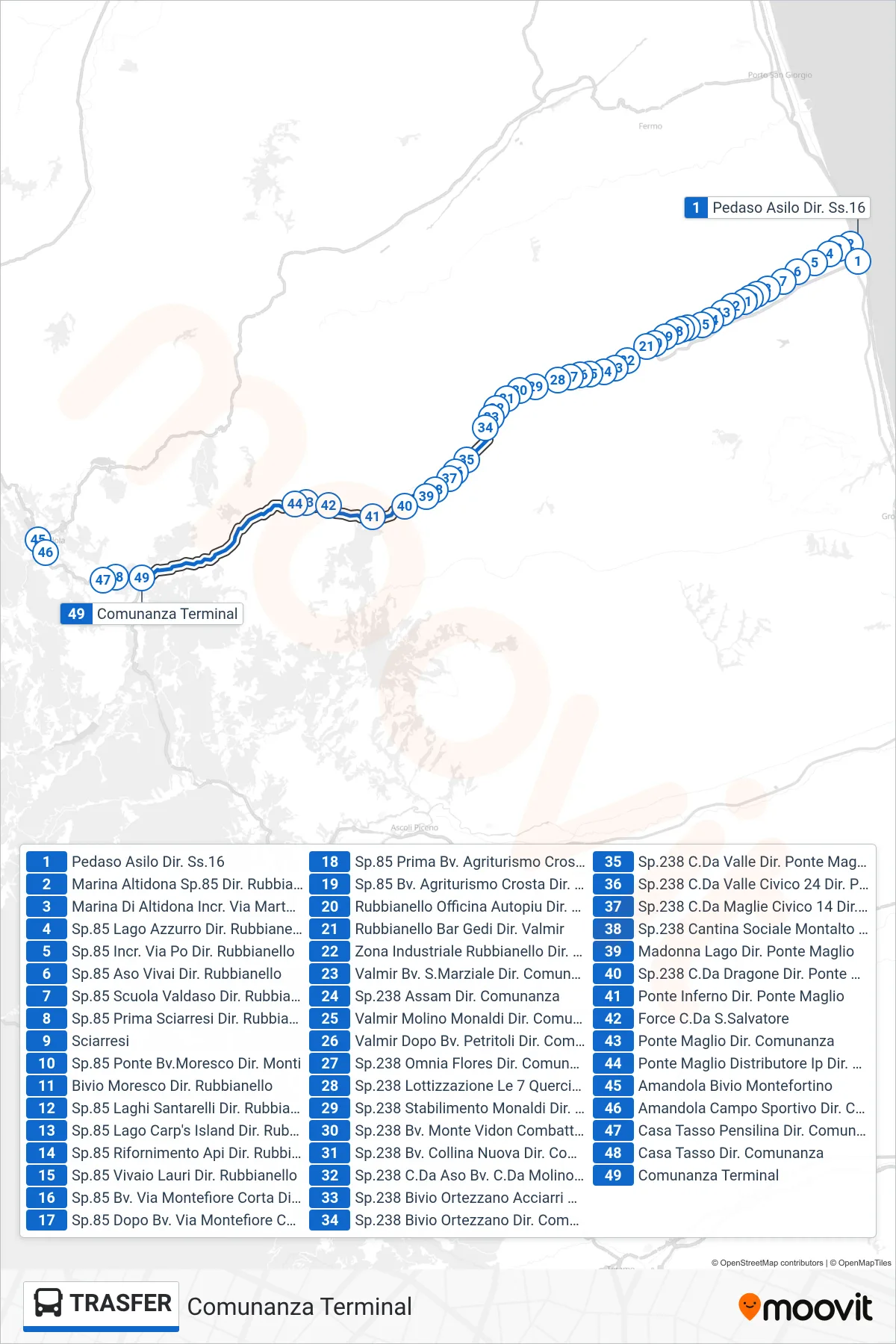 Linea TRASFER  bus (Comunanza Terminal) - Percorsi e fermate sulla mappa