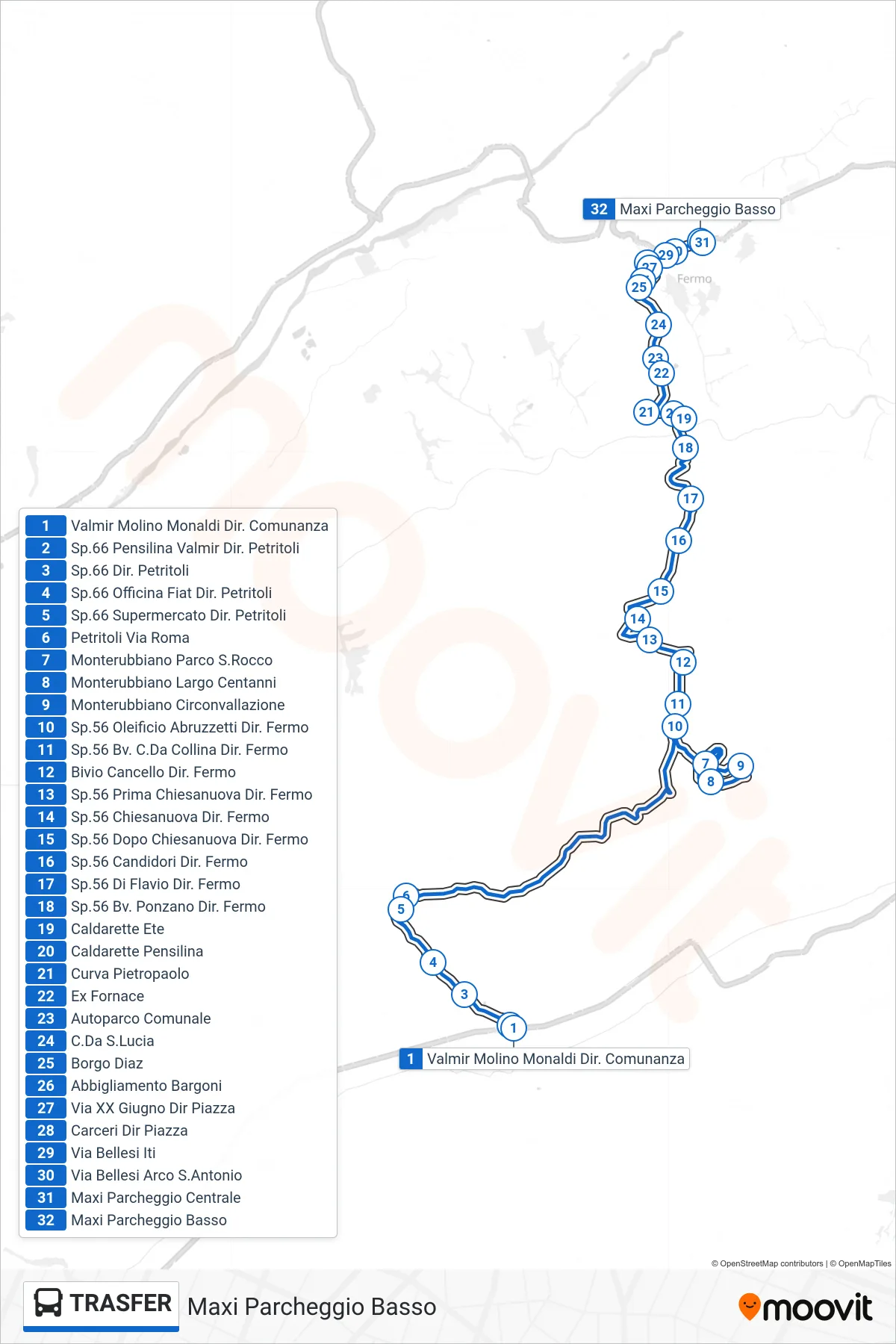 Linea TRASFER  bus (Maxi Parcheggio Basso) - Percorsi e fermate sulla mappa
