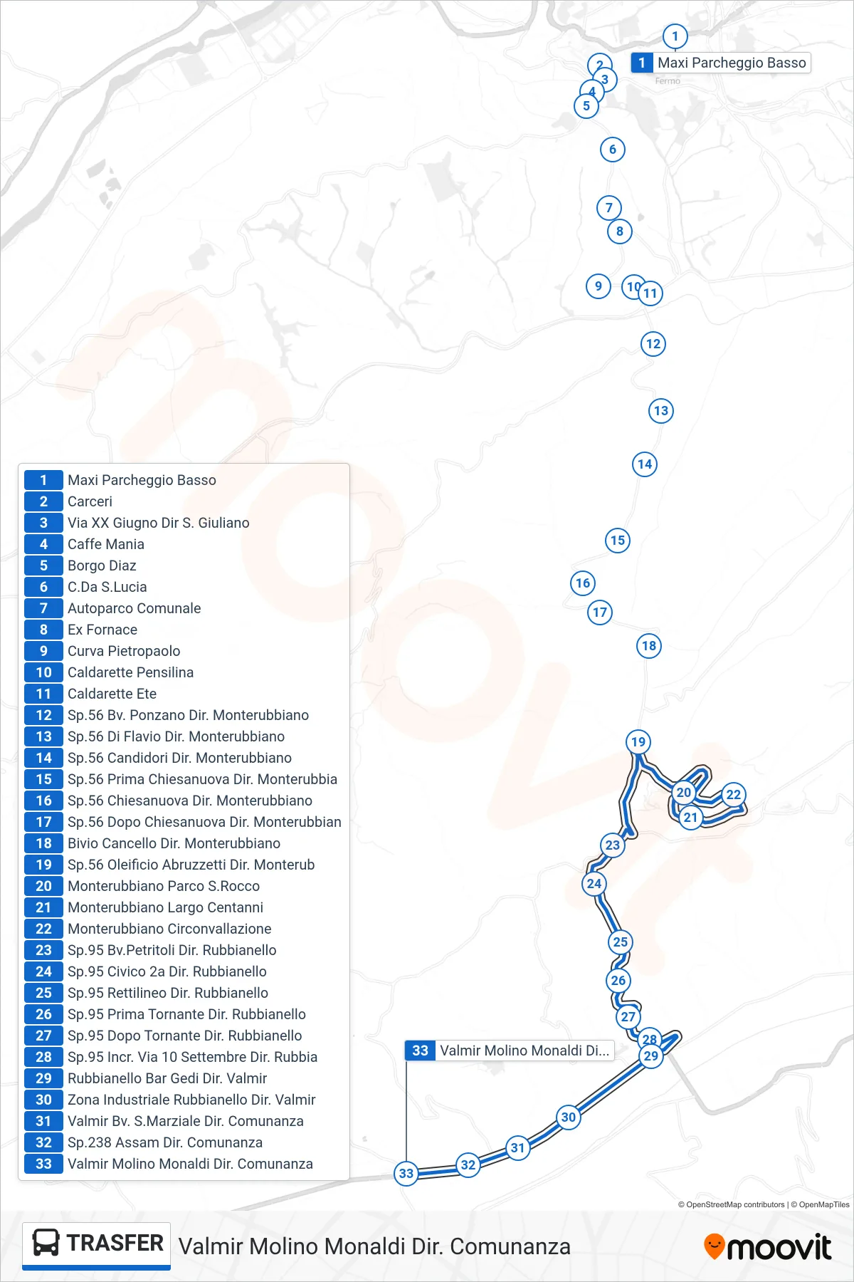 Linea TRASFER bus (Valmir Molino Monaldi Dir. Comunanza) - Percorsi e fermate sulla mappa