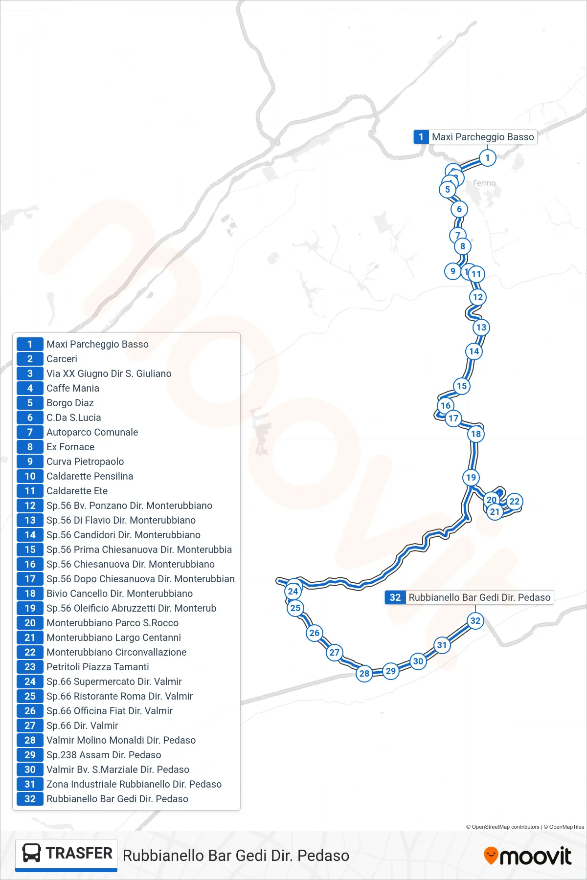 TRANSFER bus Line (Rubbianello Bar Gedi To Pedaso) route and stops on a map