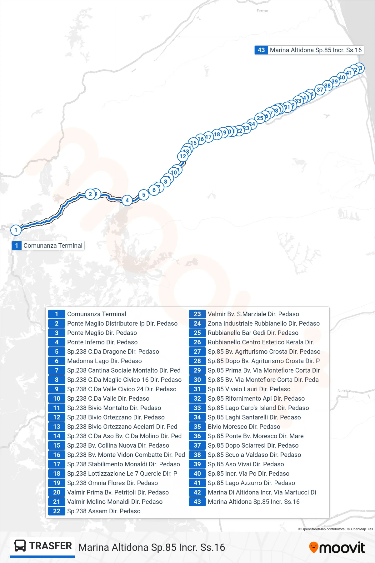 Linea TRASFER  bus (Marina Altidona Sp.85 Incr. Ss.16) - Percorsi e fermate sulla mappa