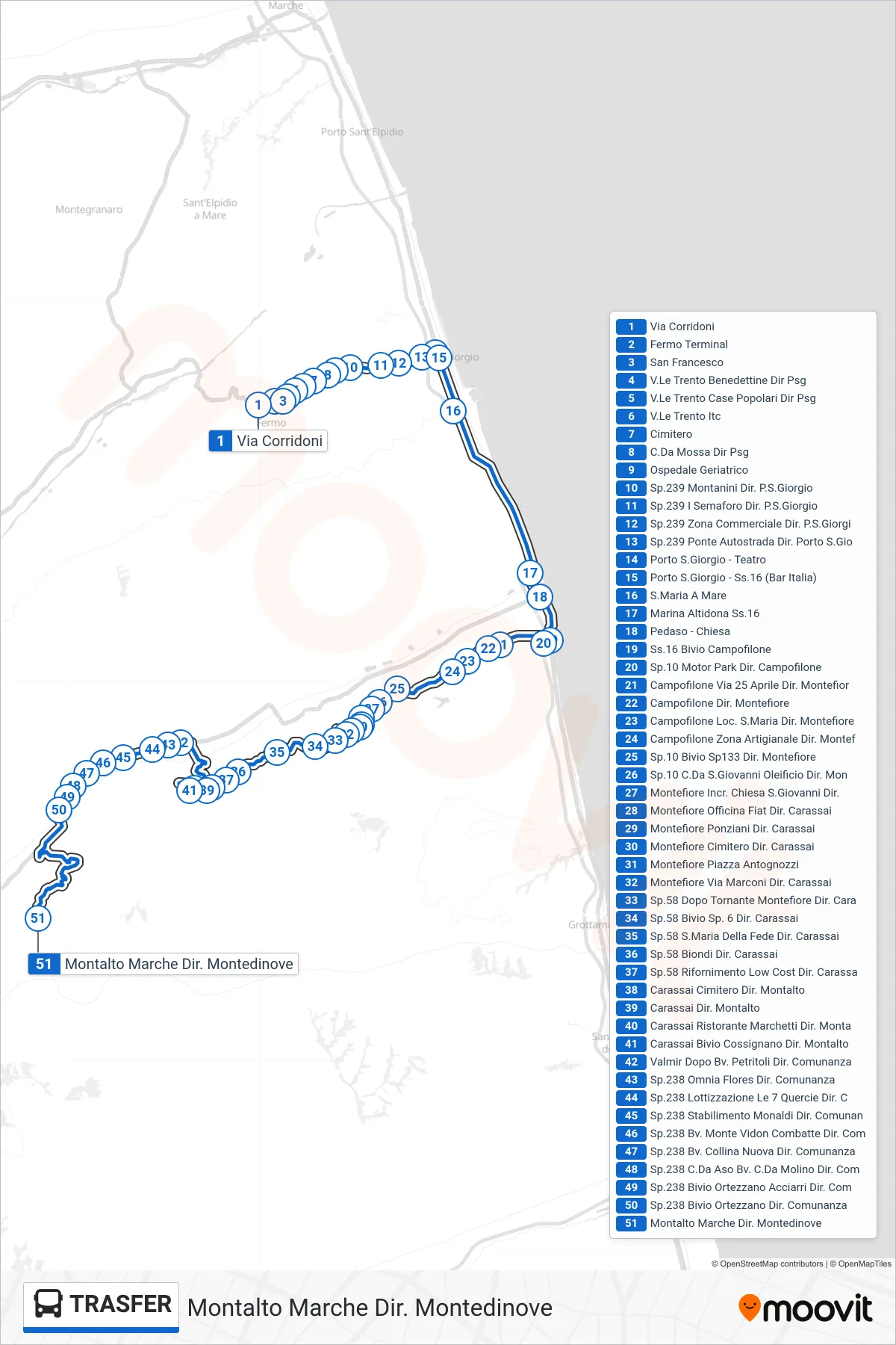 Linea TRASFER bus (Montalto Marche Dir. Montedinove) - Percorsi e fermate sulla mappa