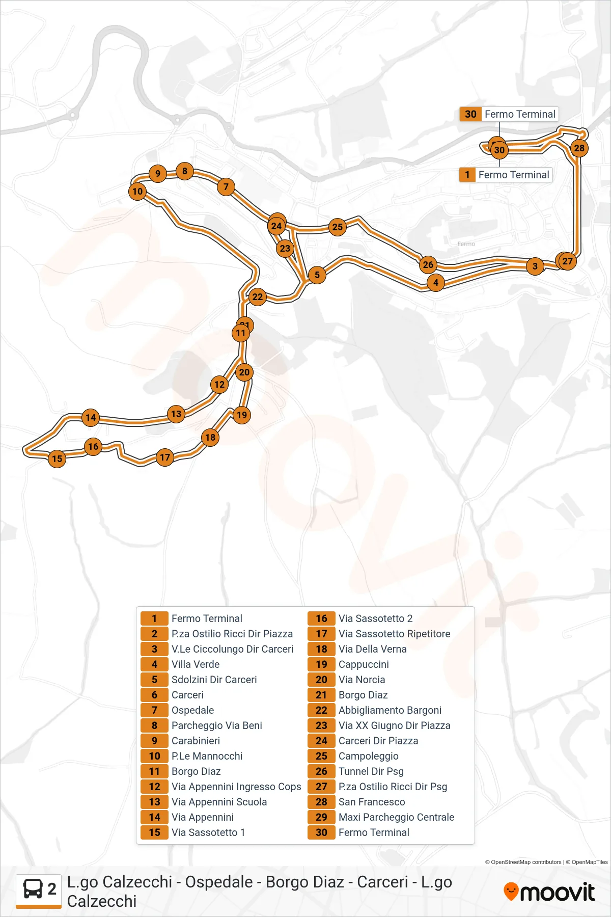 Linea 2 bus (Fermo Terminal) - Percorsi e fermate sulla mappa