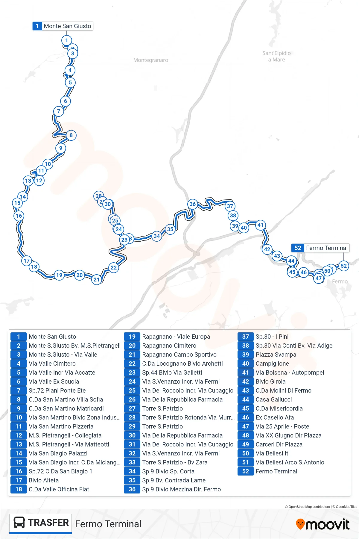 Linea TRASFER bus (Fermo Terminal) - Percorsi e fermate sulla mappa