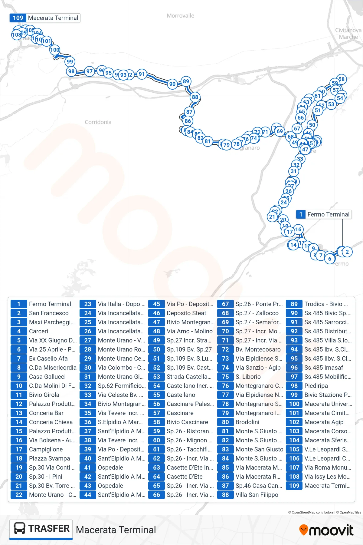 Linea TRASFER bus (Macerata Terminal) - Percorsi e fermate sulla mappa