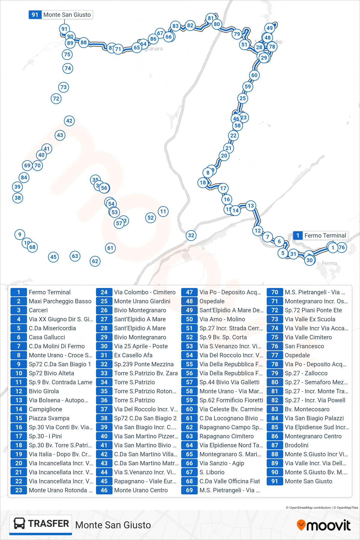 Linea TRASFER  bus (Monte San Giusto) - Percorsi e fermate sulla mappa
