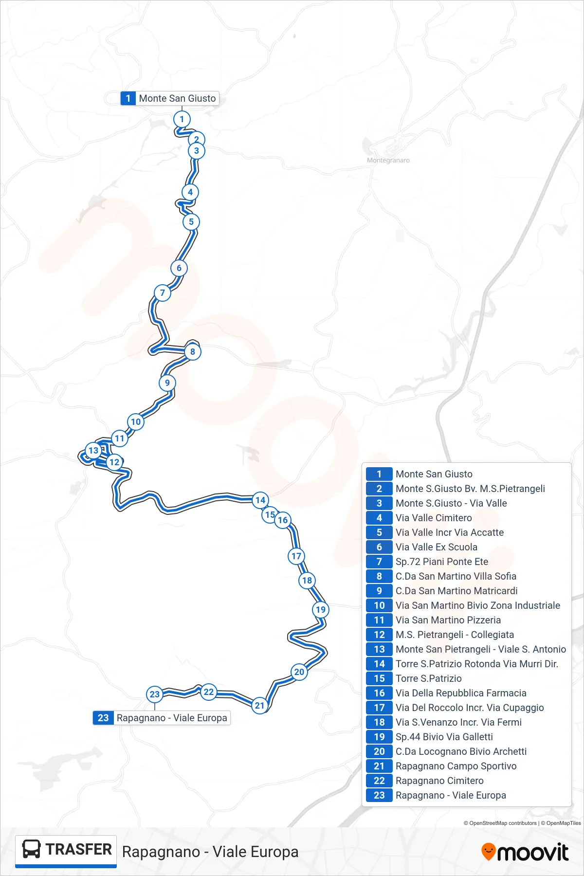 TRANSFER bus Line (Rapagnano - Viale Europa) route and stops on a map
