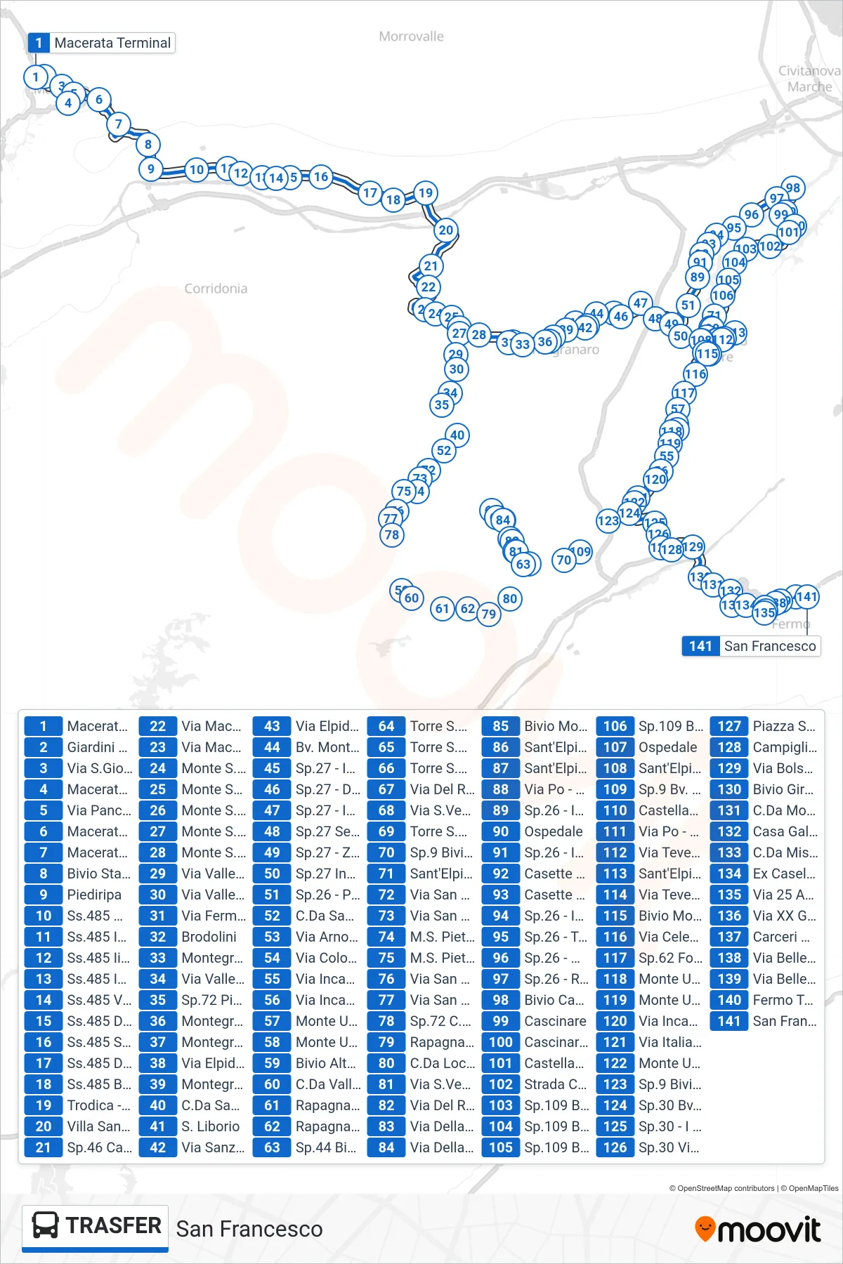Linea TRASFER bus (San Francesco) - Percorsi e fermate sulla mappa