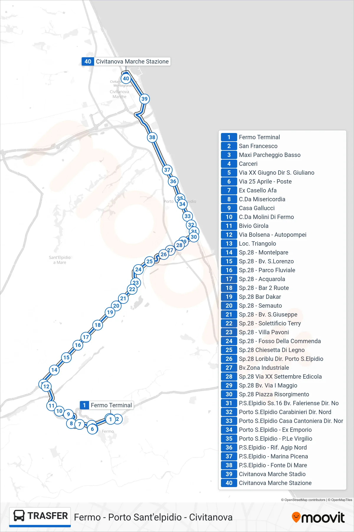 Linea TRASFER bus (Civitanova Marche Stazione) - Percorsi e fermate sulla mappa