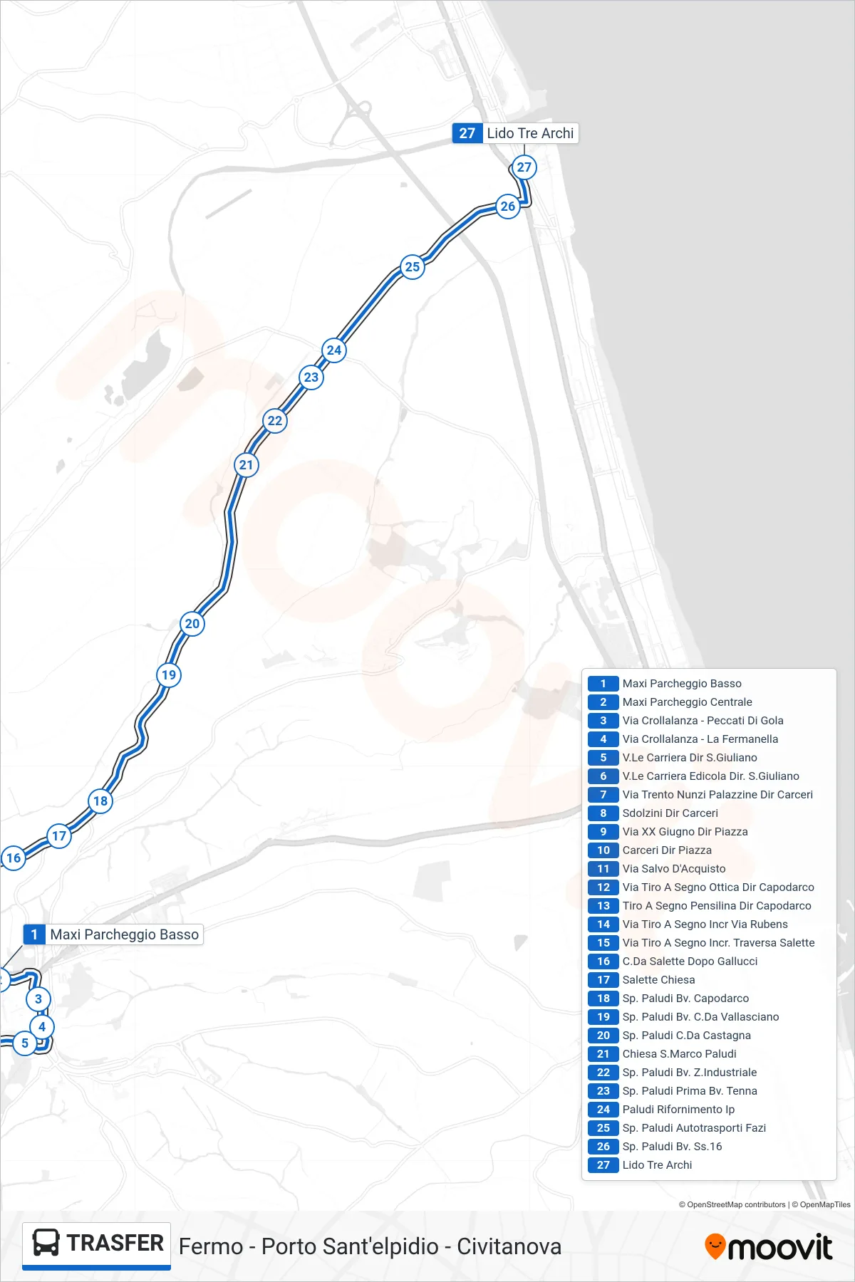 Linea TRASFER bus (Lido Tre Archi) - Percorsi e fermate sulla mappa