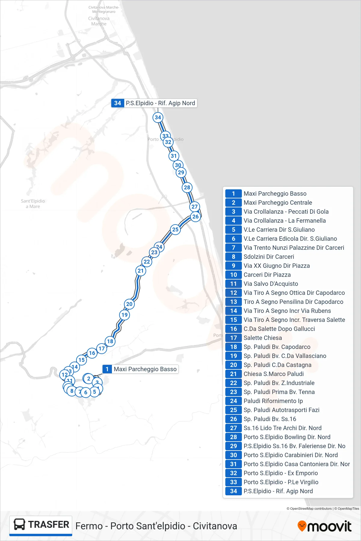 TRANSFER bus Line (Porto San Elpidio - North Agip Station) route and stops on a map