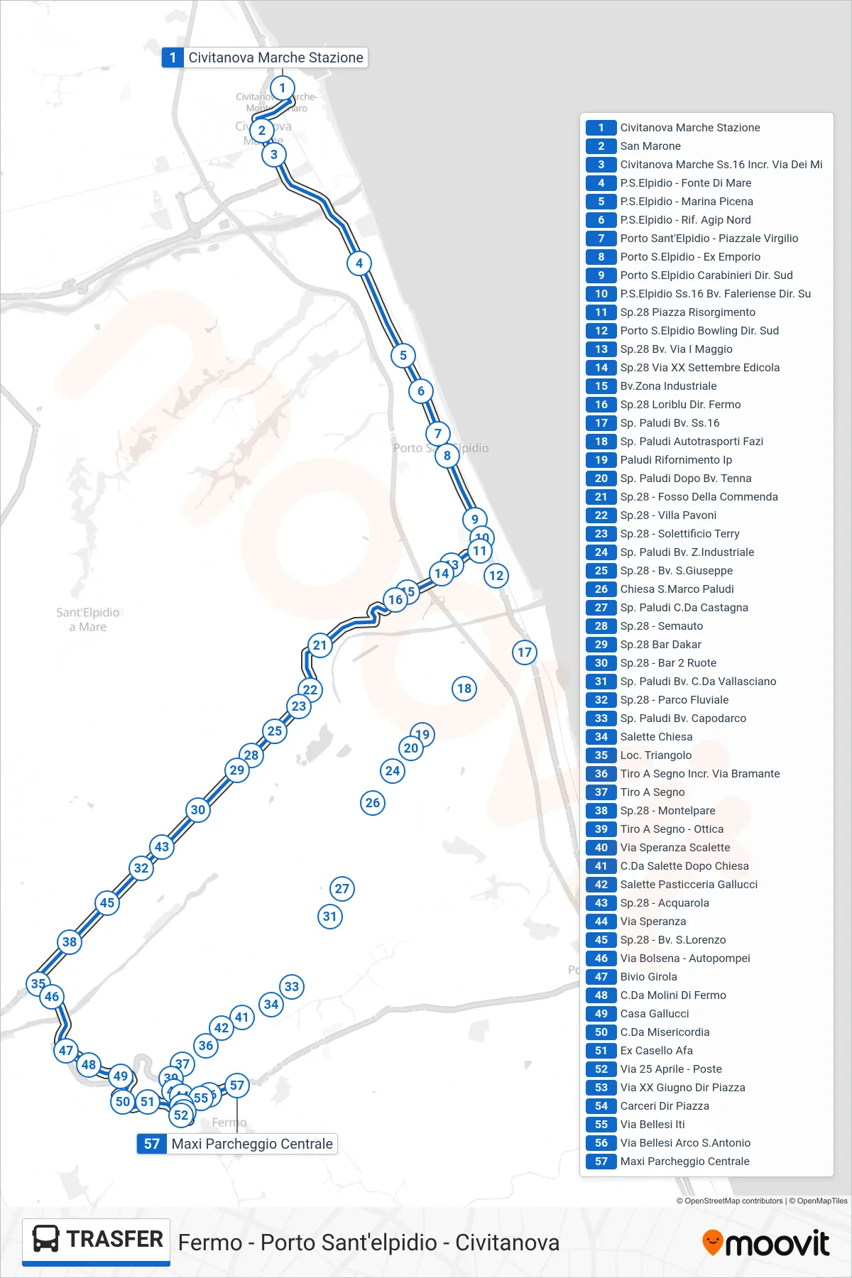 Linea TRASFER bus (Maxi Parcheggio Centrale) - Percorsi e fermate sulla mappa