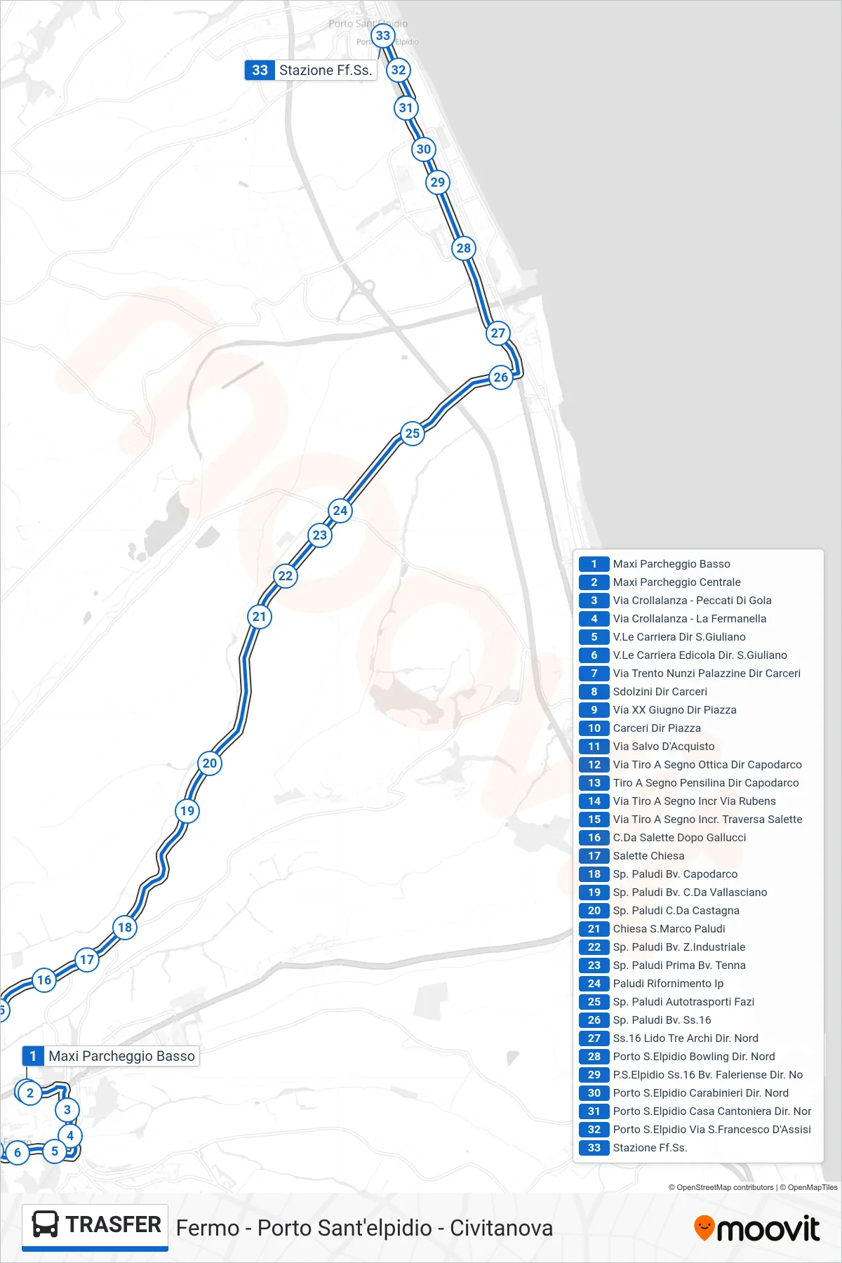 Linea TRASFER bus (Stazione Ff.Ss.) - Percorsi e fermate sulla mappa