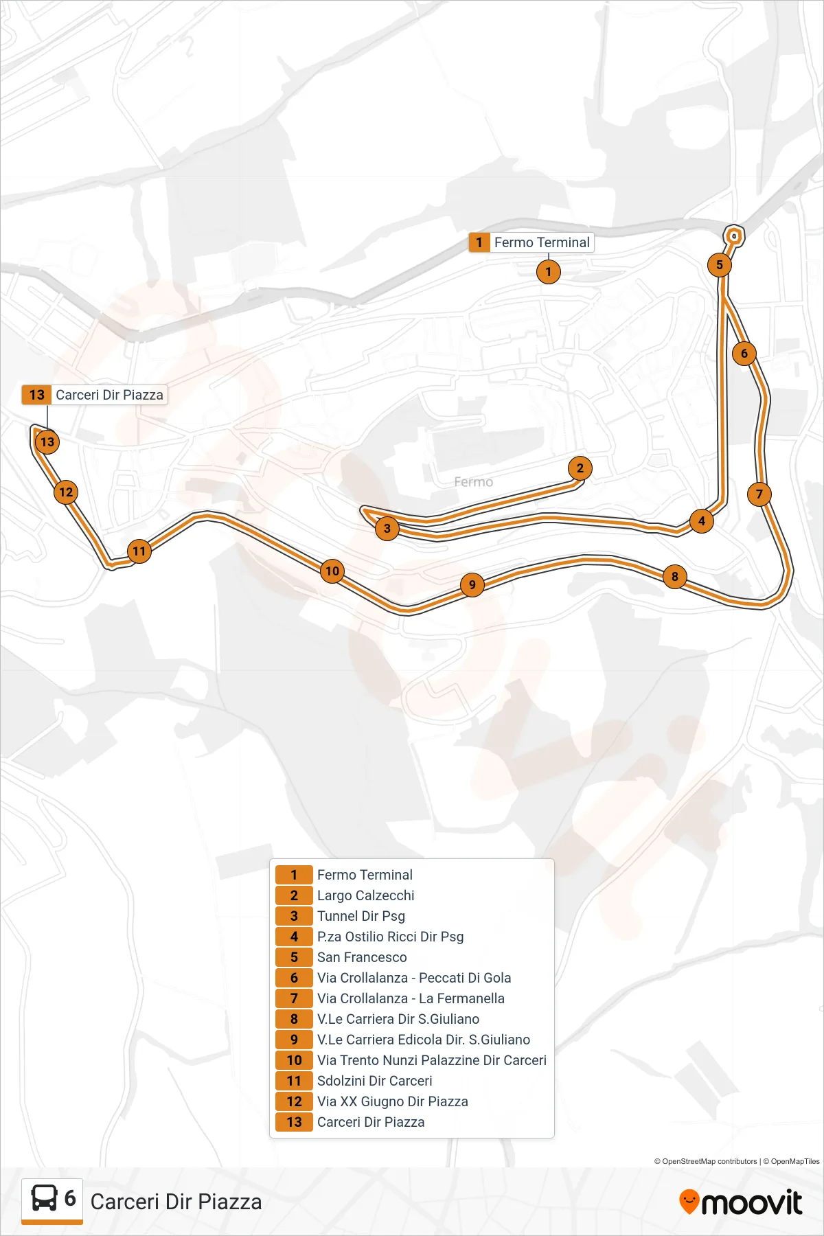 Linea 6  bus (Carceri Dir Piazza) - Percorsi e fermate sulla mappa