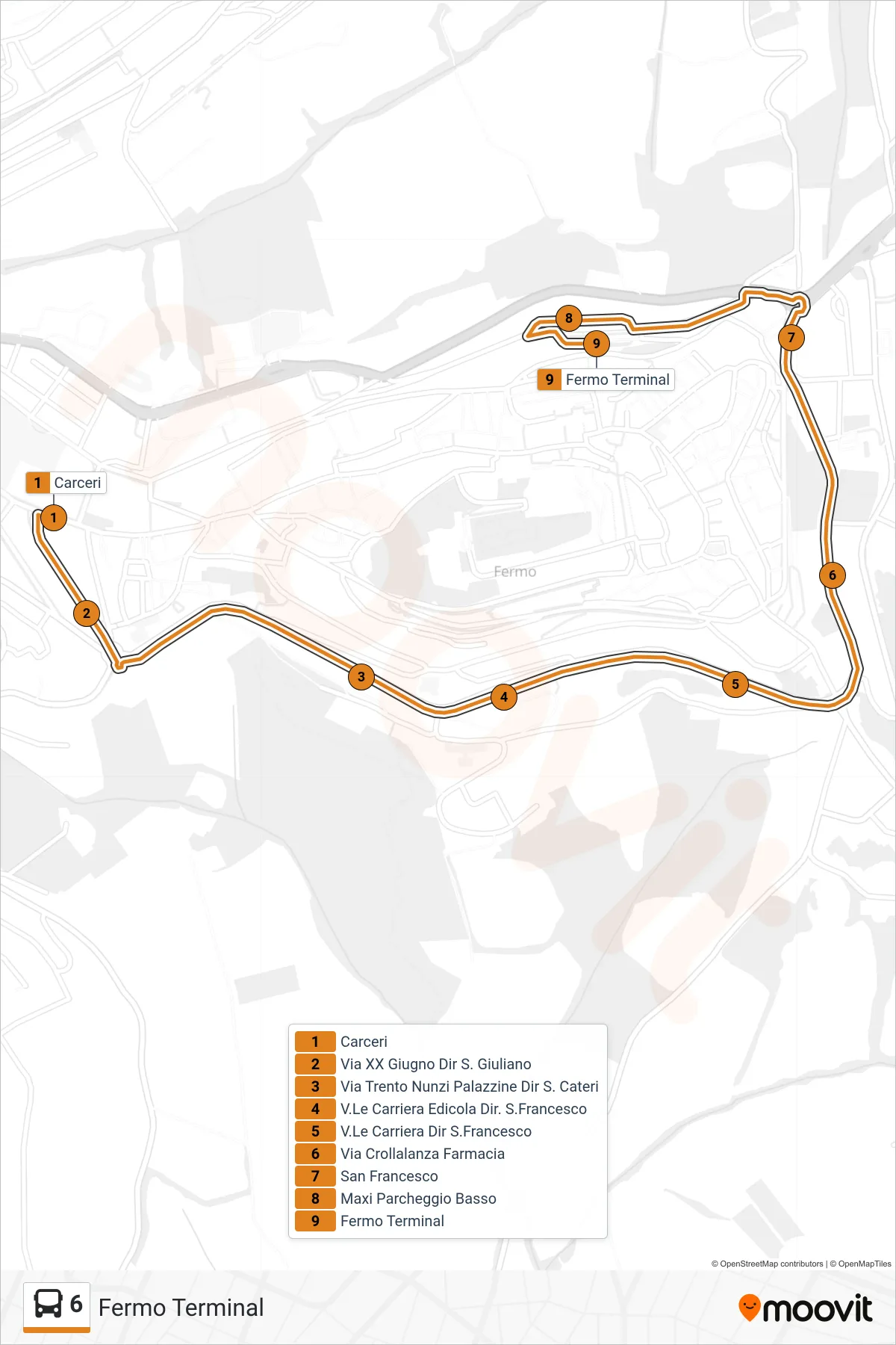 6 bus Line (Fermo Terminal) route and stops on a map