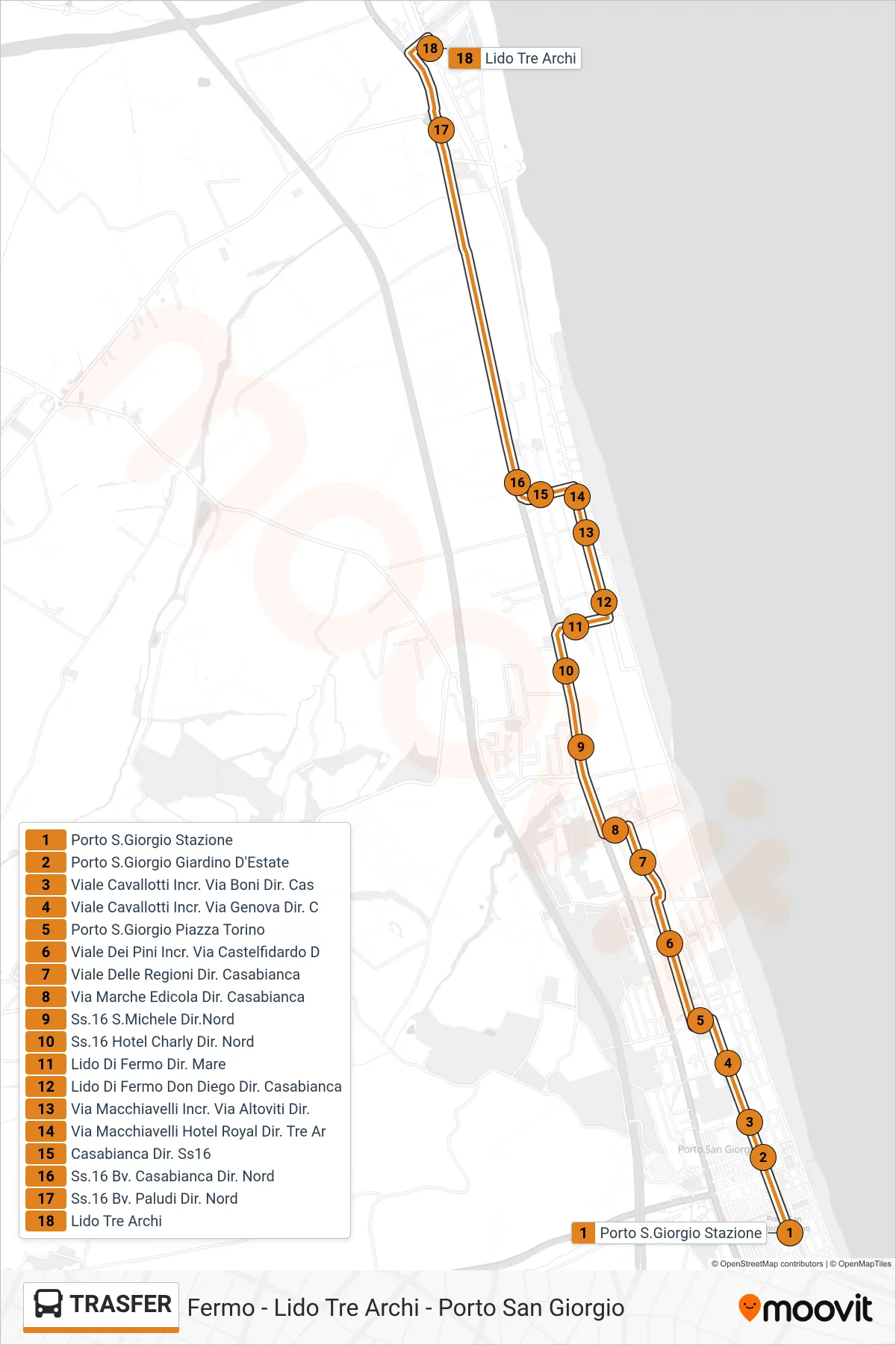 Linea TRASFER  bus (Lido Tre Archi) - Percorsi e fermate sulla mappa