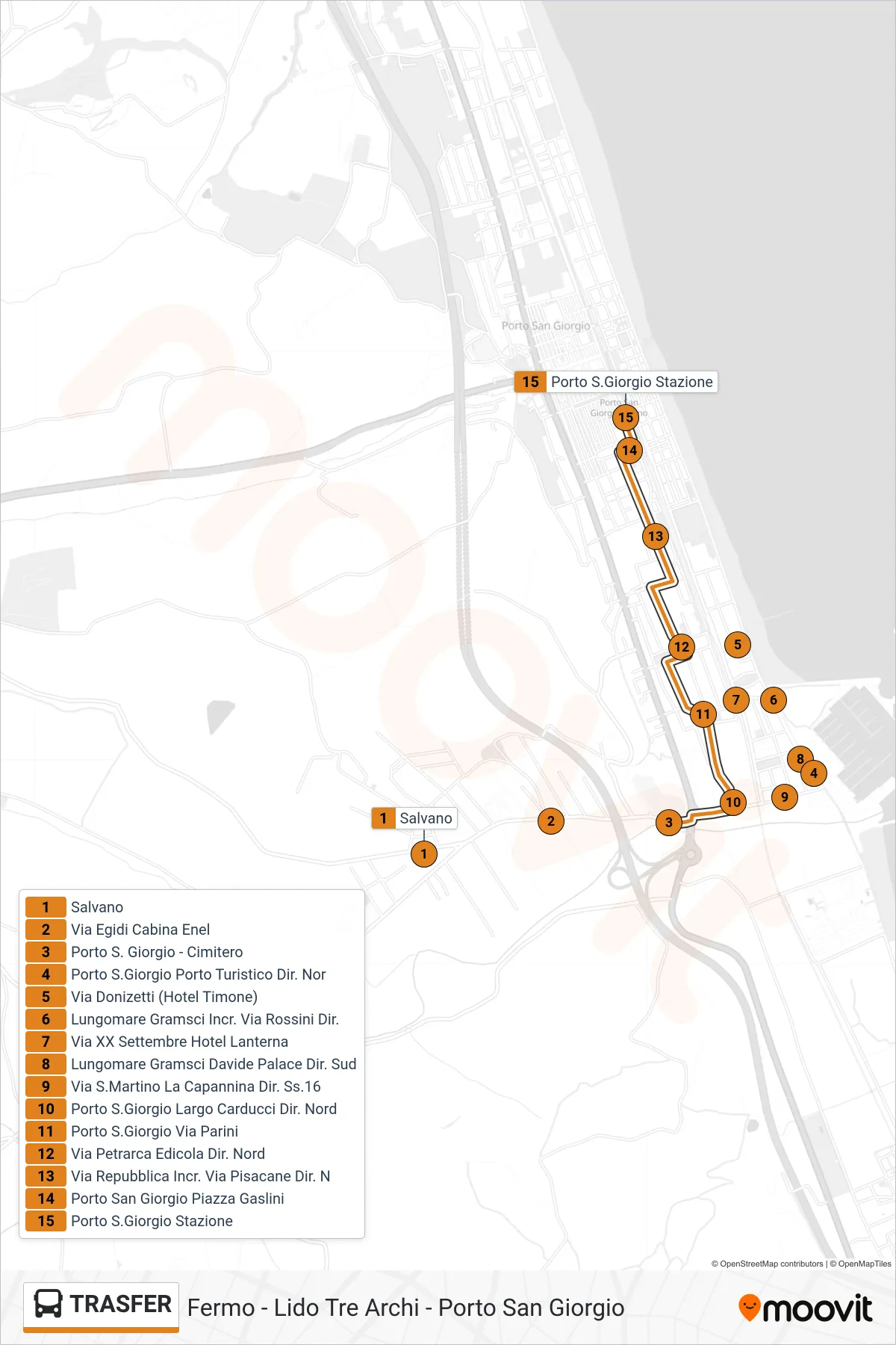 Linea TRASFER  bus (Porto S.Giorgio Stazione) - Percorsi e fermate sulla mappa