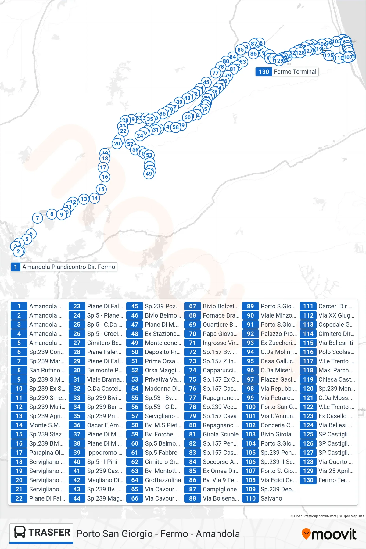 Linea TRASFER  bus (Fermo Terminal) - Percorsi e fermate sulla mappa