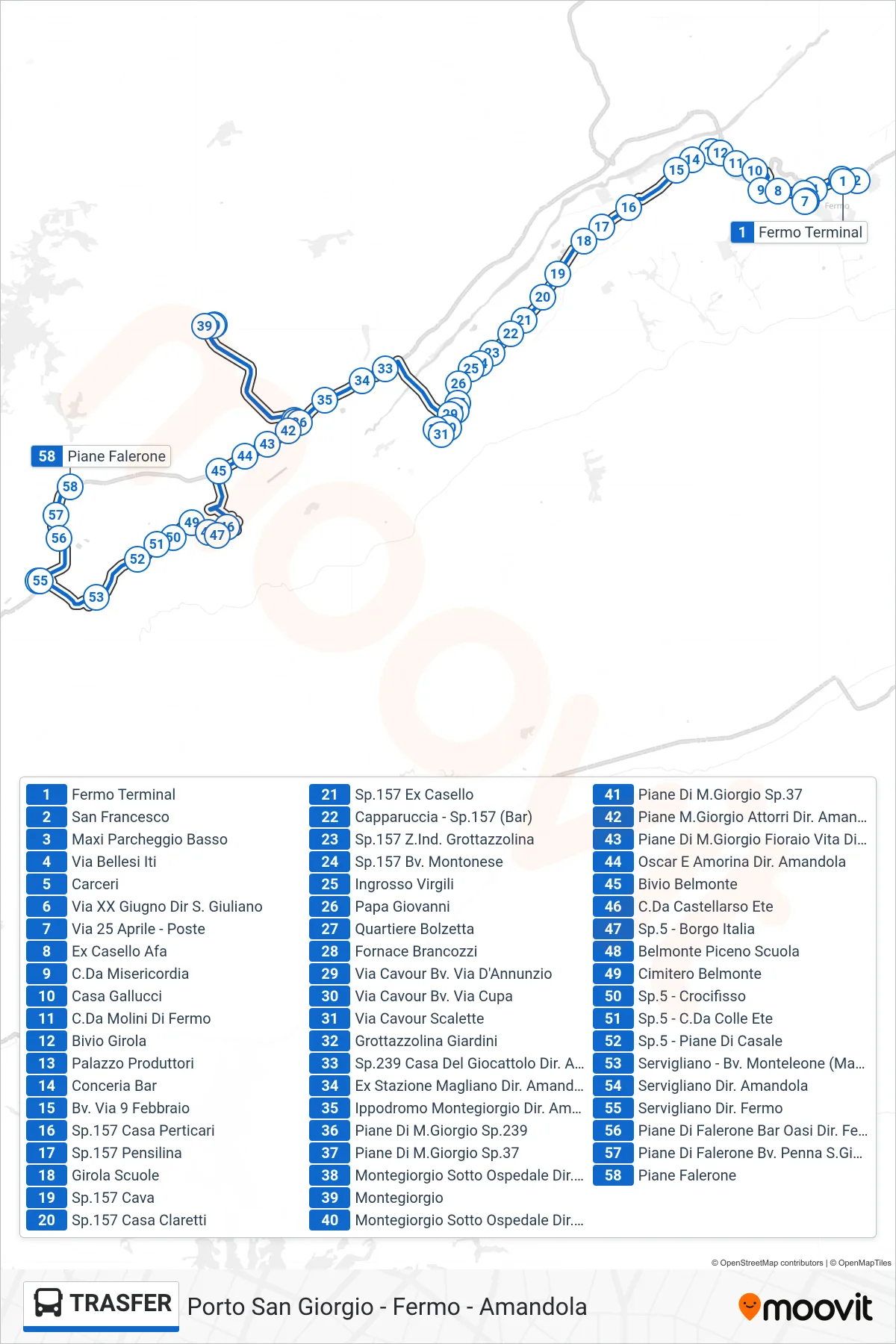 Linea TRASFER bus (Piane Falerone) - Percorsi e fermate sulla mappa