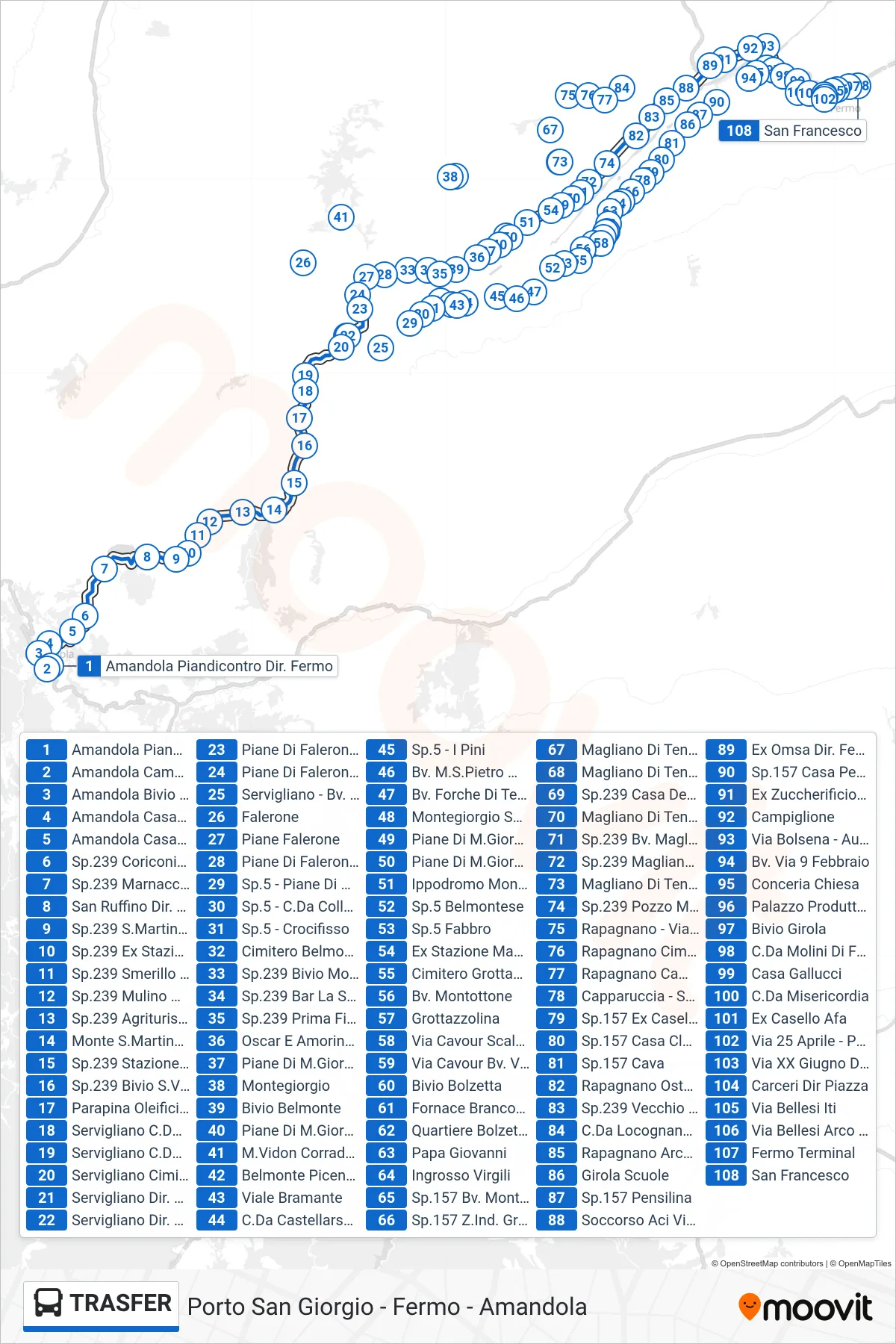 Linea TRASFER  bus (San Francesco) - Percorsi e fermate sulla mappa
