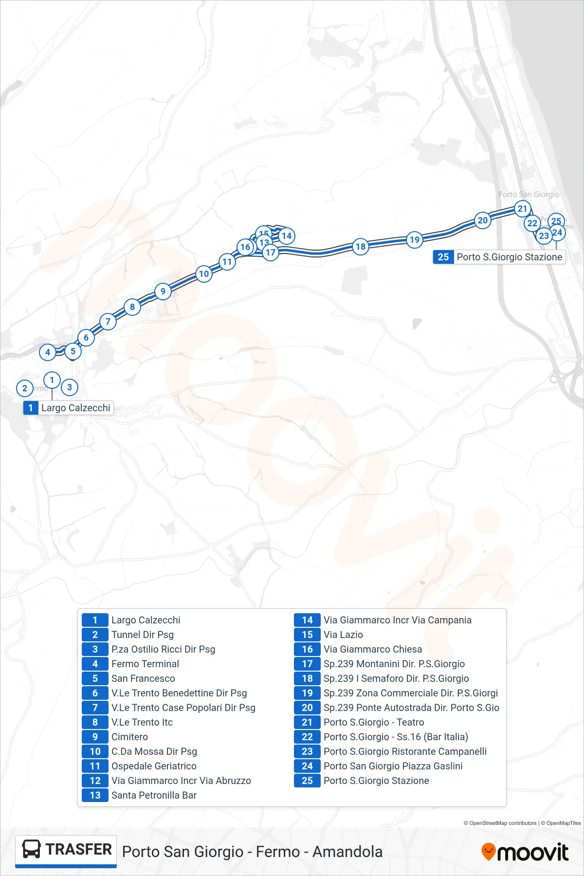 Linea TRASFER bus (Porto S.Giorgio Stazione) - Percorsi e fermate sulla mappa