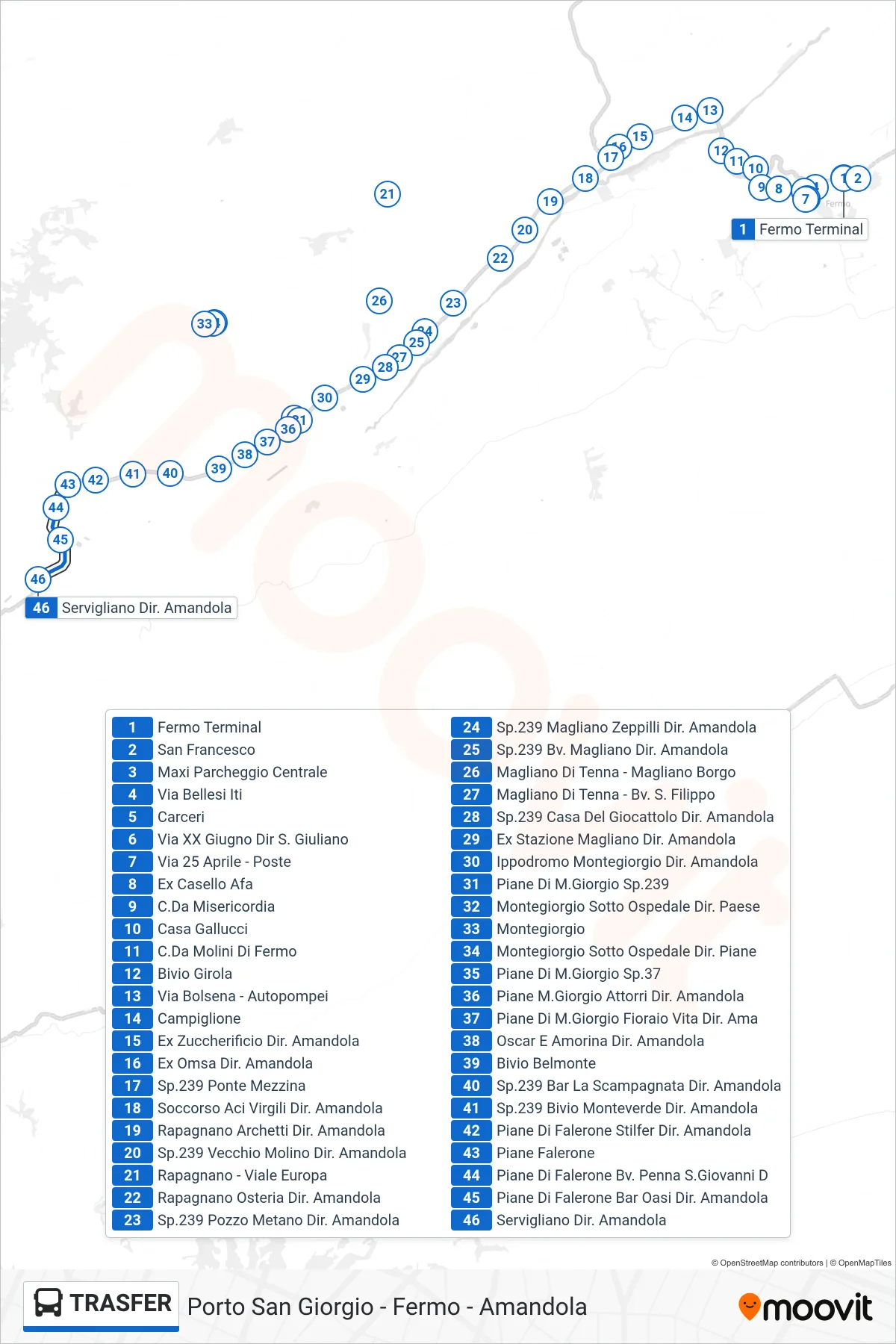 Linea TRASFER bus (Servigliano Dir. Amandola) - Percorsi e fermate sulla mappa