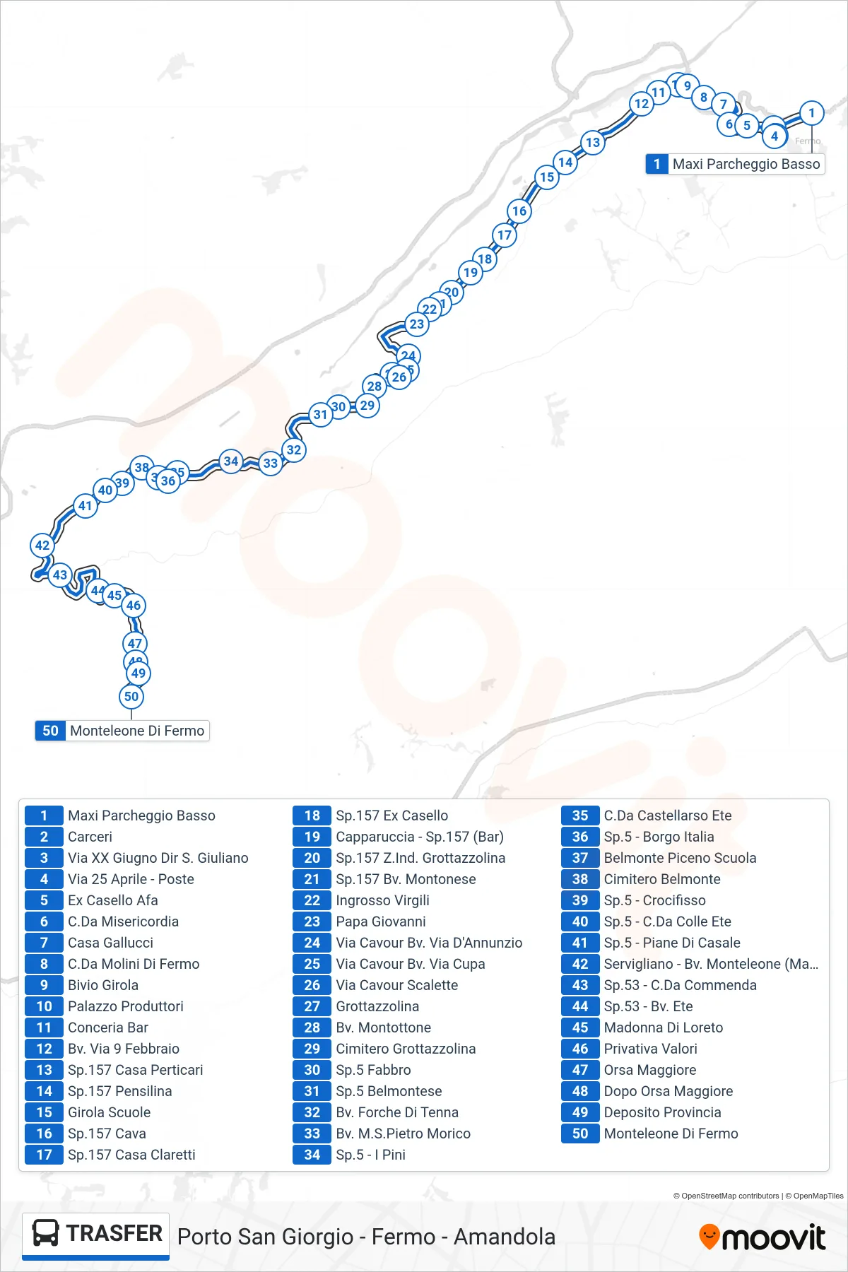 Linea TRASFER  bus (Monteleone Di Fermo) - Percorsi e fermate sulla mappa