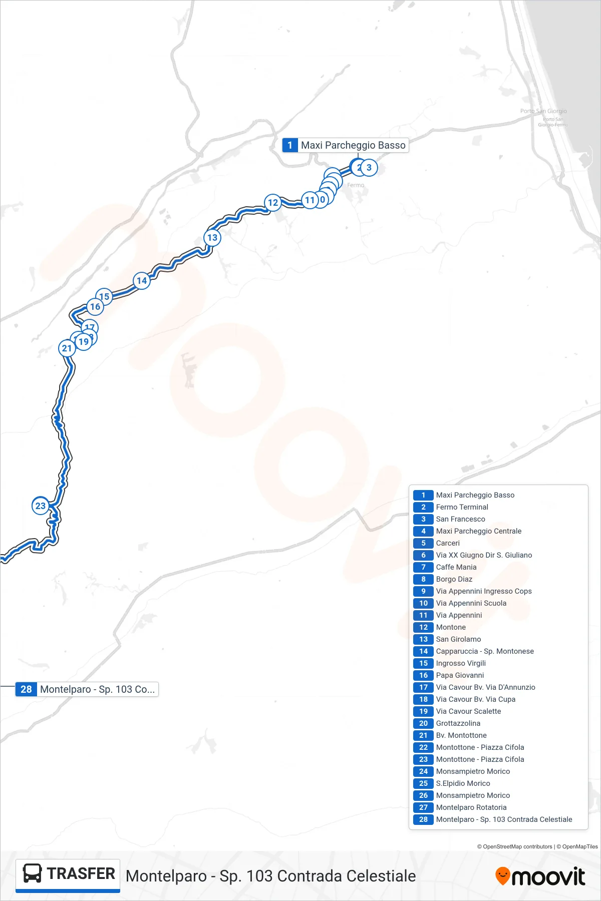 Linea TRASFER bus (Montelparo - Sp. 103 Contrada Celestiale) - Percorsi e fermate sulla mappa