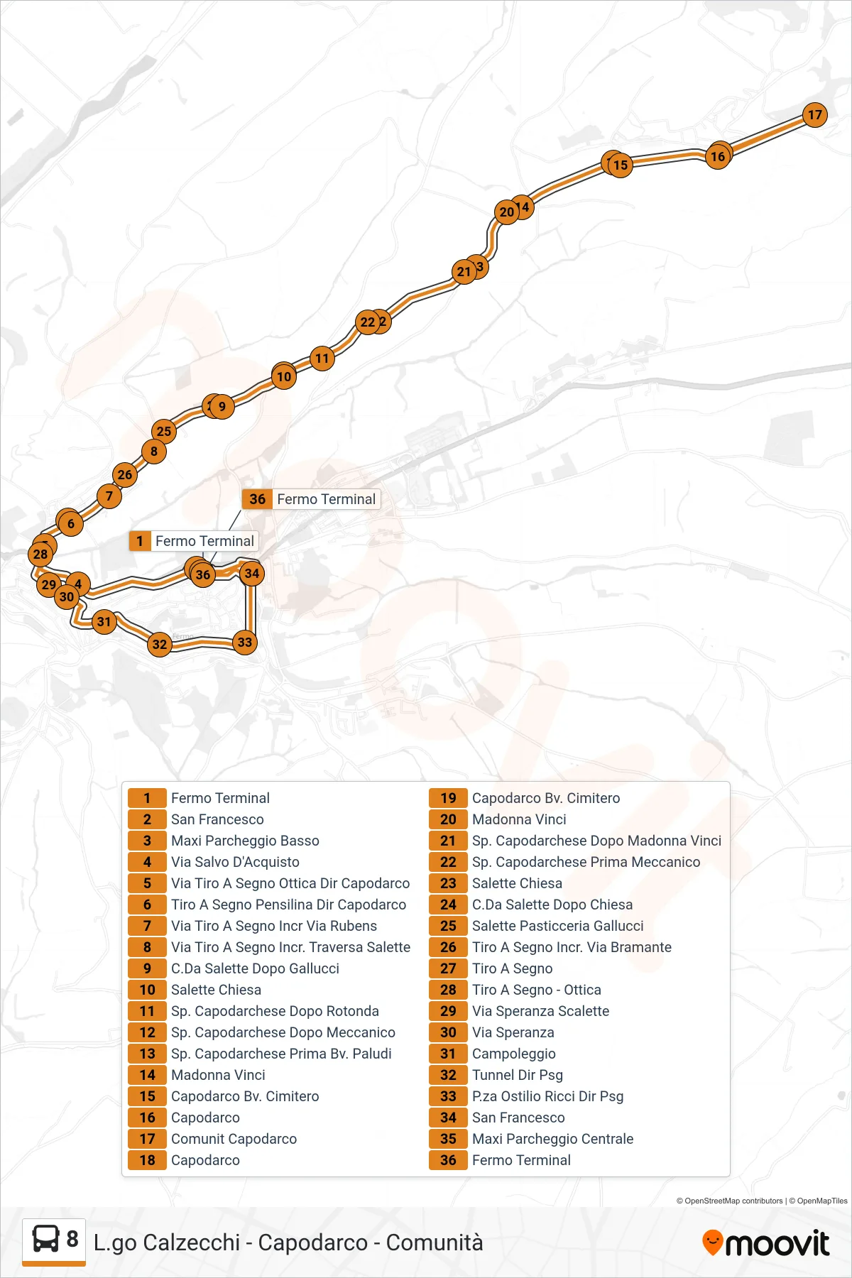 8 bus Line (Fermo Terminal) route and stops on a map