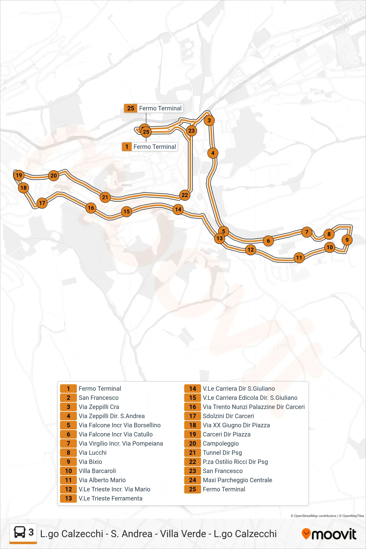 Linea 3  bus (Fermo Terminal) - Percorsi e fermate sulla mappa