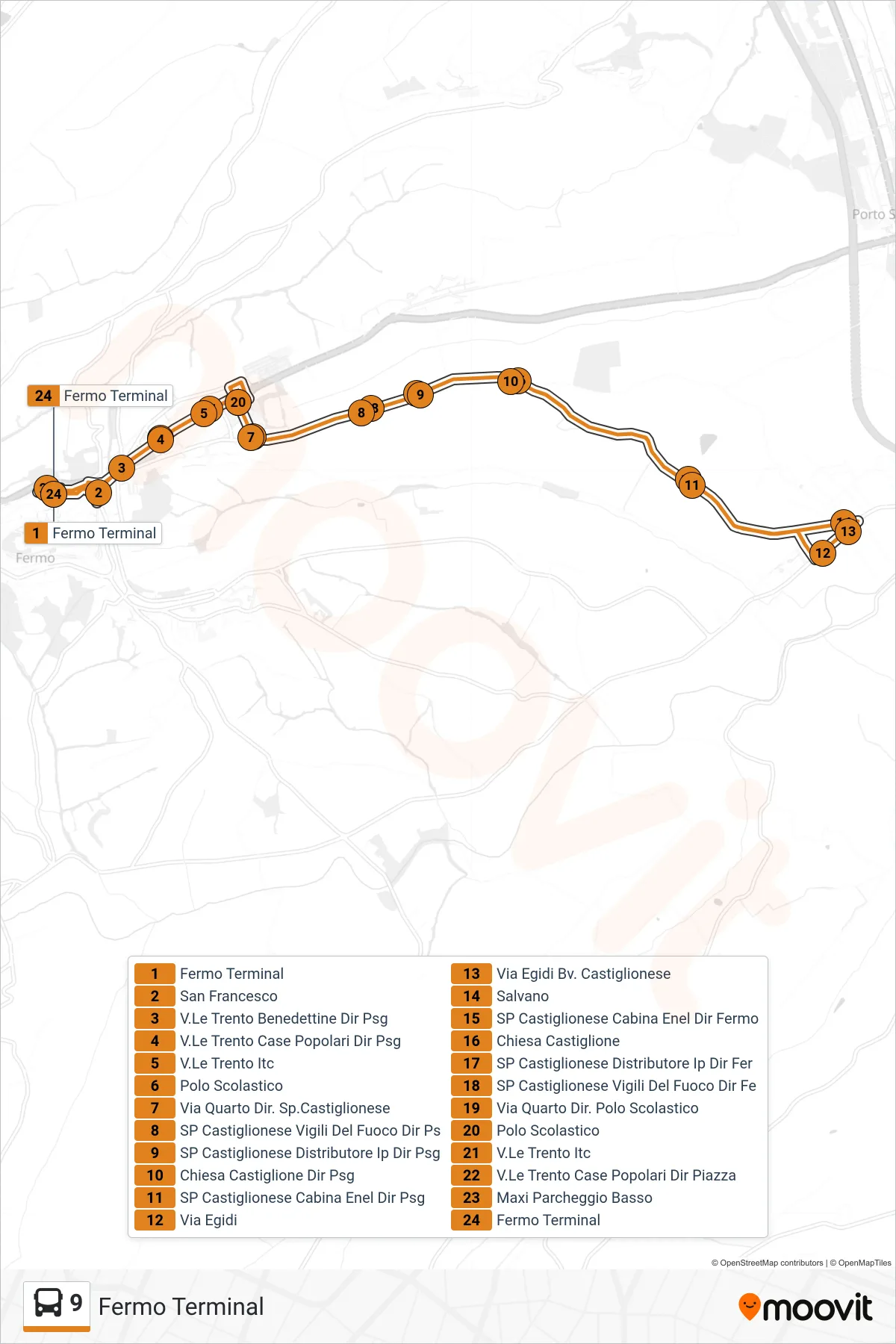 Linea 9 bus (Fermo Terminal) - Percorsi e fermate sulla mappa