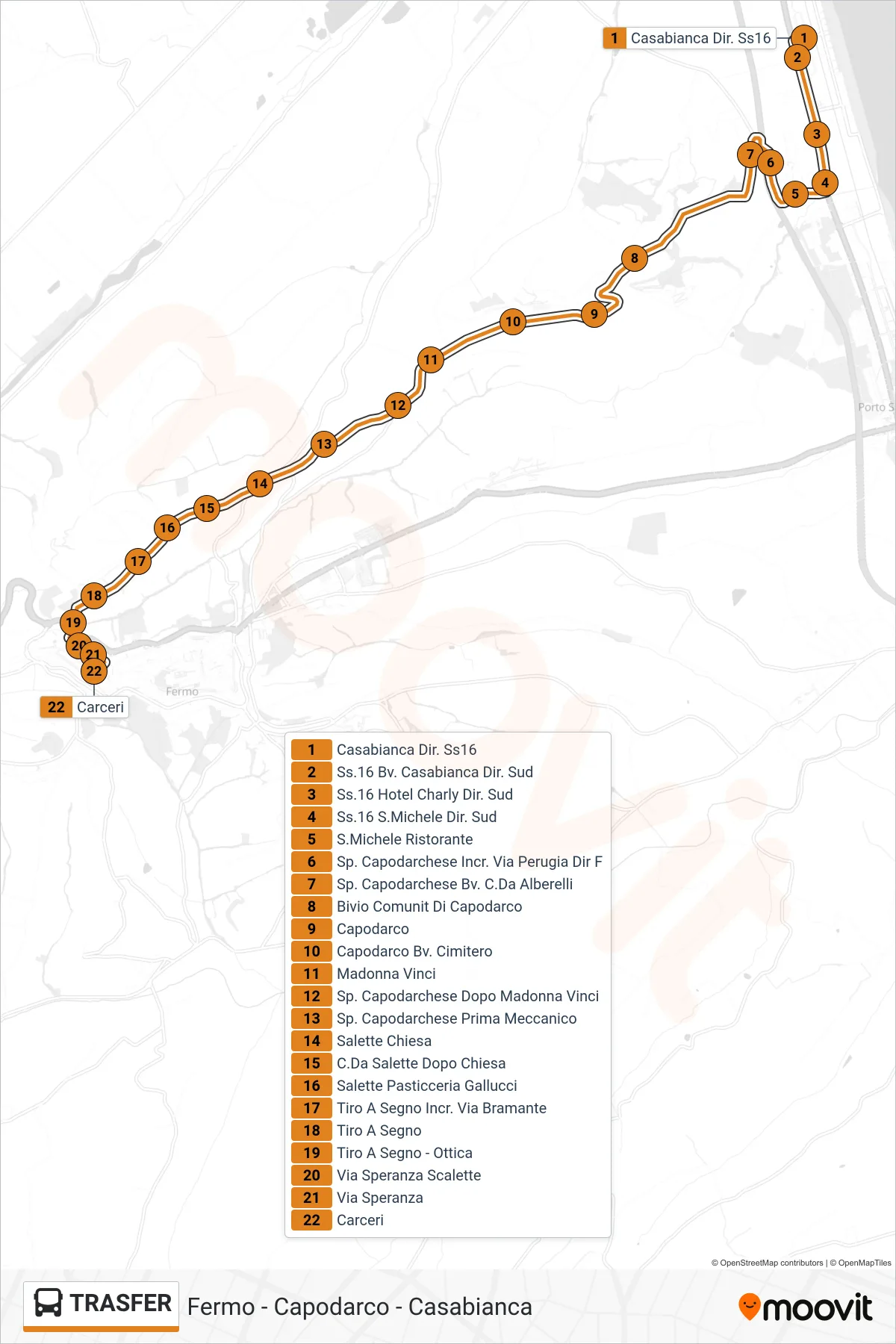 Linea TRASFER bus (Carceri) - Percorsi e fermate sulla mappa