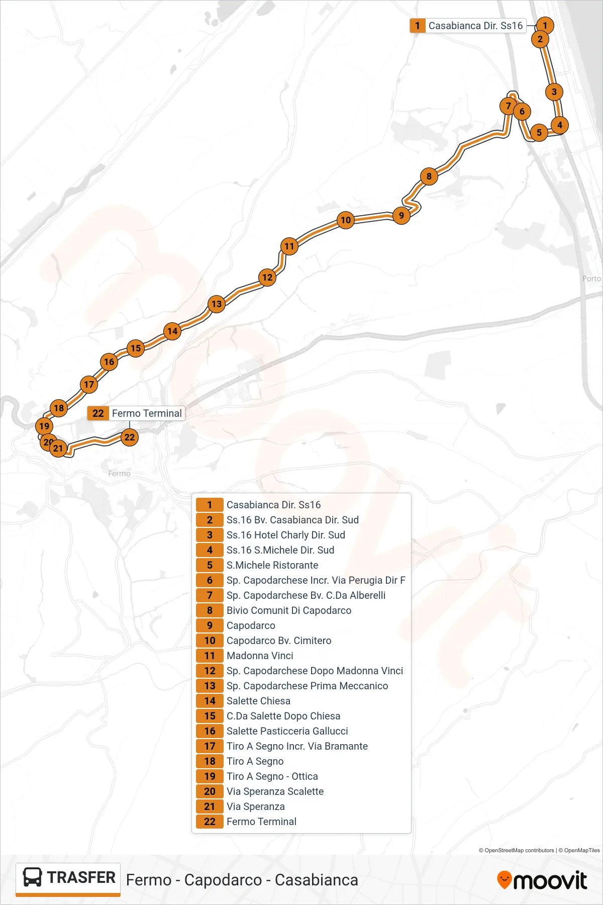 TRANSFER bus Line (Fermo Terminal) route and stops on a map
