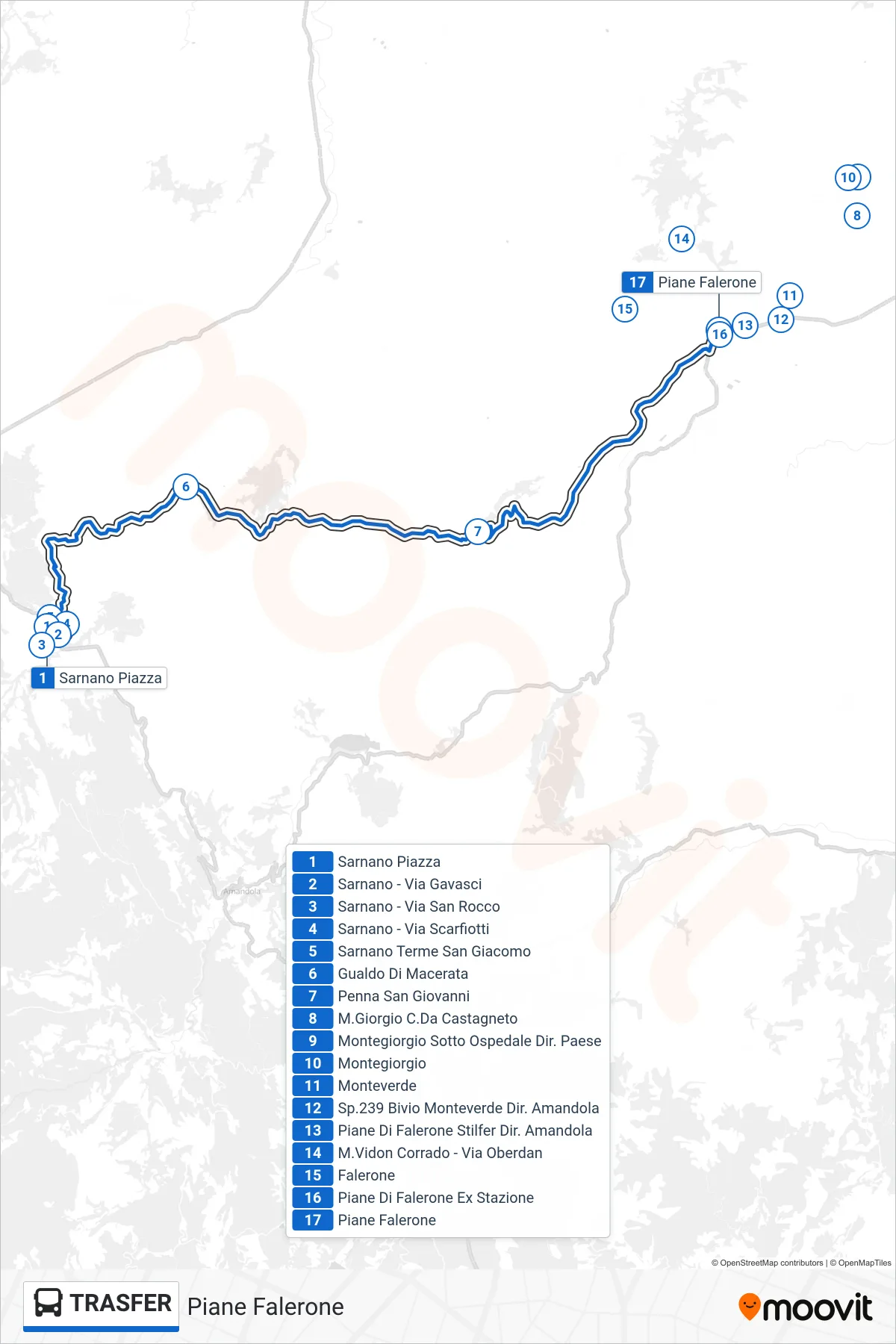 Linea TRASFER bus (Piane Falerone) - Percorsi e fermate sulla mappa