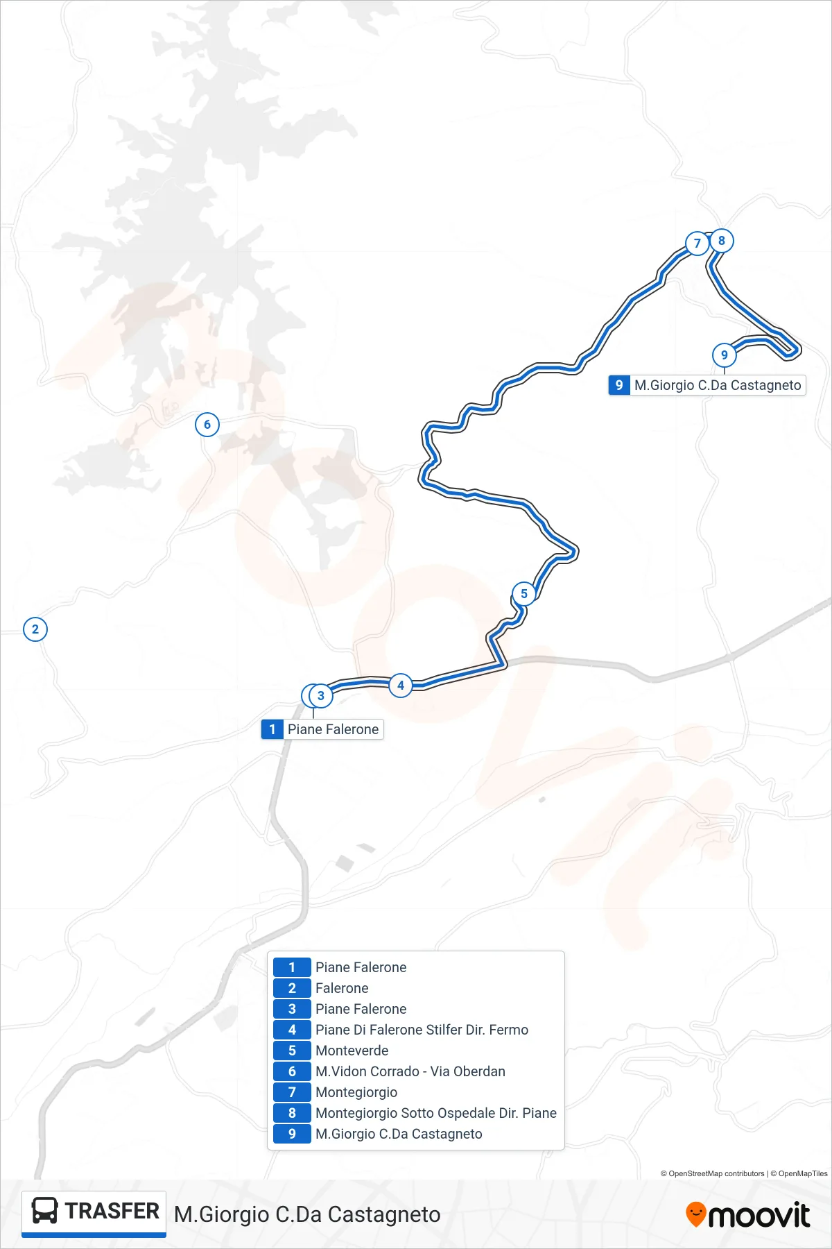 Linea TRASFER bus (M.Giorgio C.Da Castagneto) - Percorsi e fermate sulla mappa