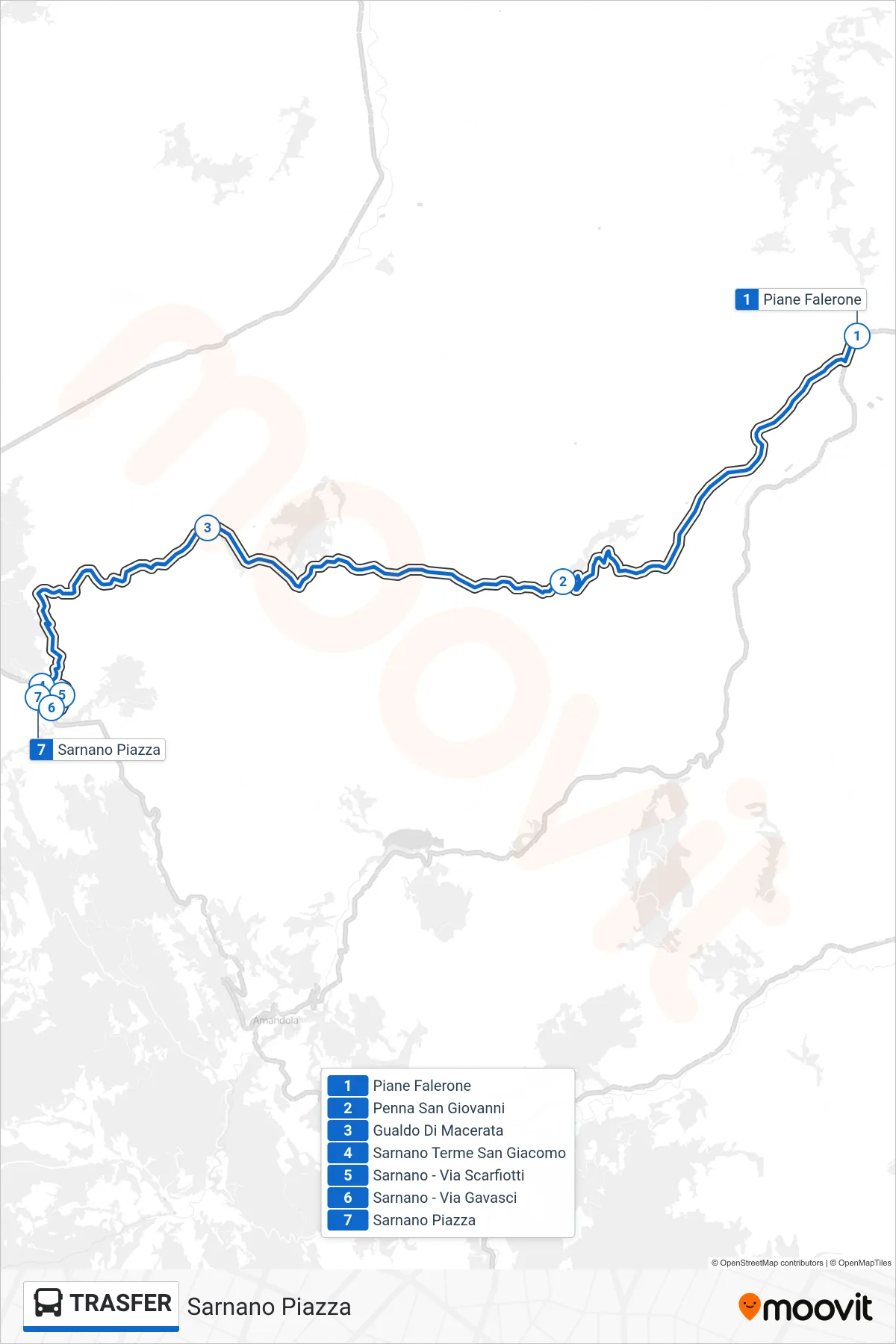 Linea TRASFER bus (Sarnano Piazza) - Percorsi e fermate sulla mappa