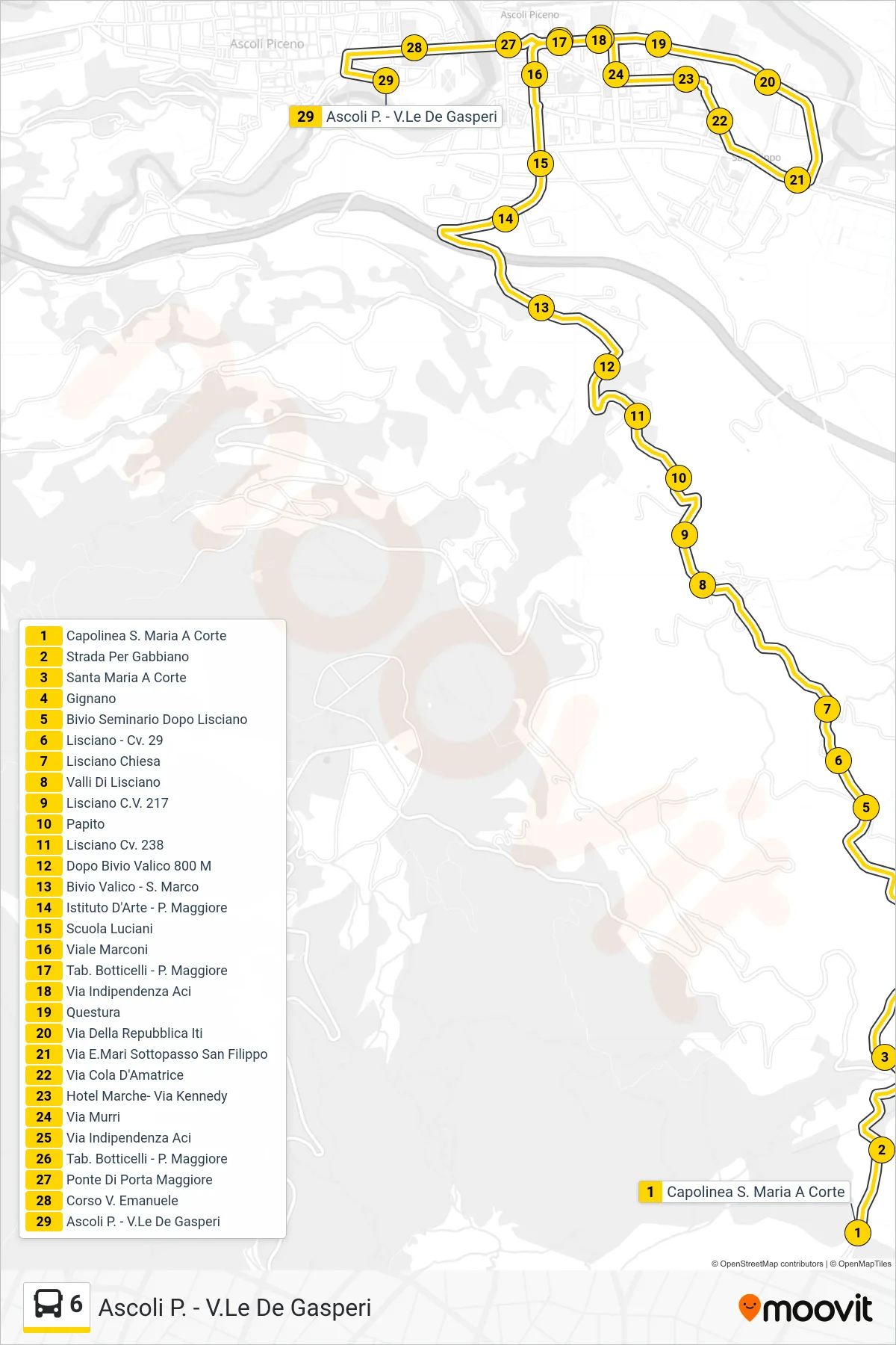 Linea 6 bus (Ascoli P. - V.Le De Gasperi) - Percorsi e fermate sulla mappa