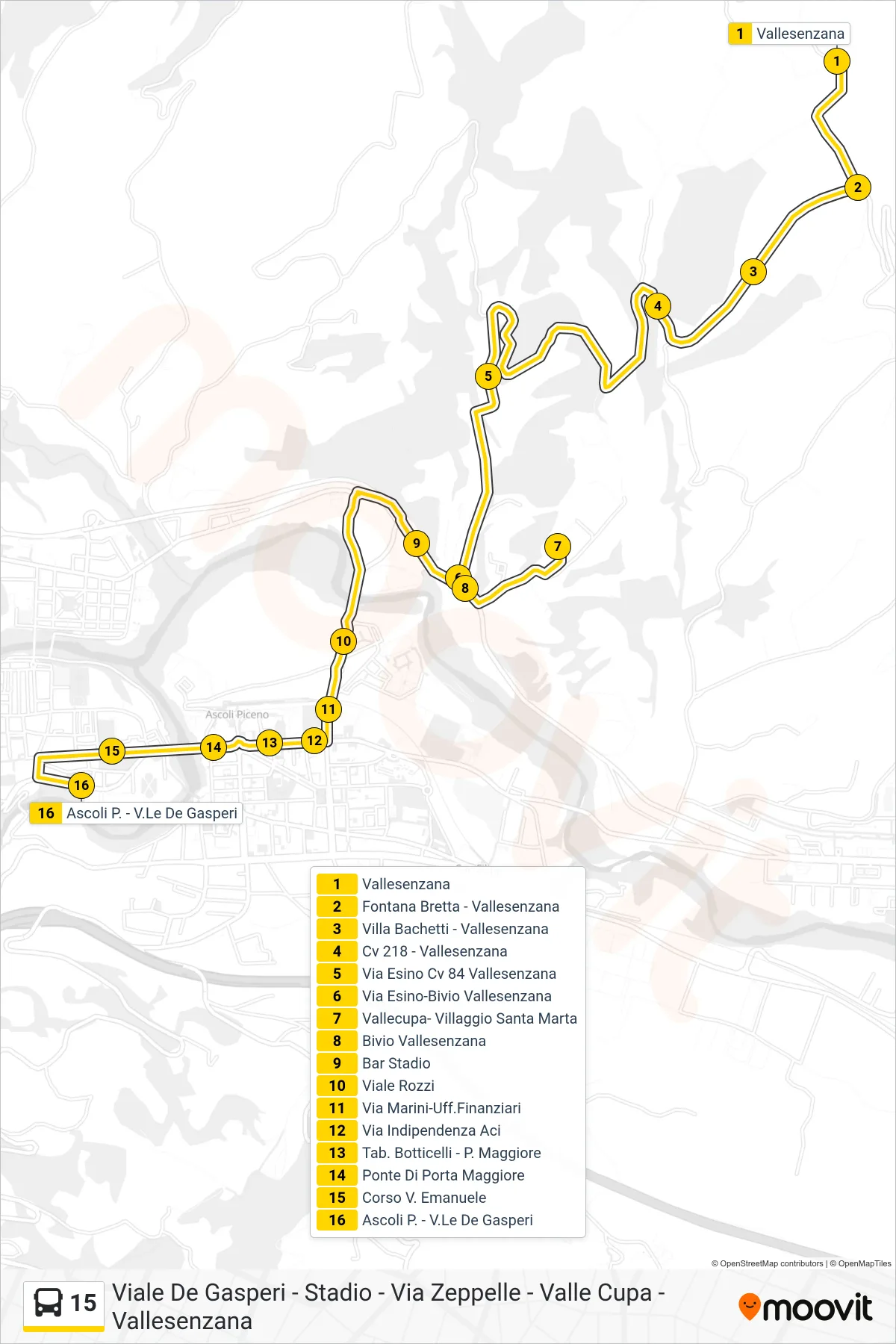 Linea 15  bus (Ascoli P. - V.Le De Gasperi) - Percorsi e fermate sulla mappa