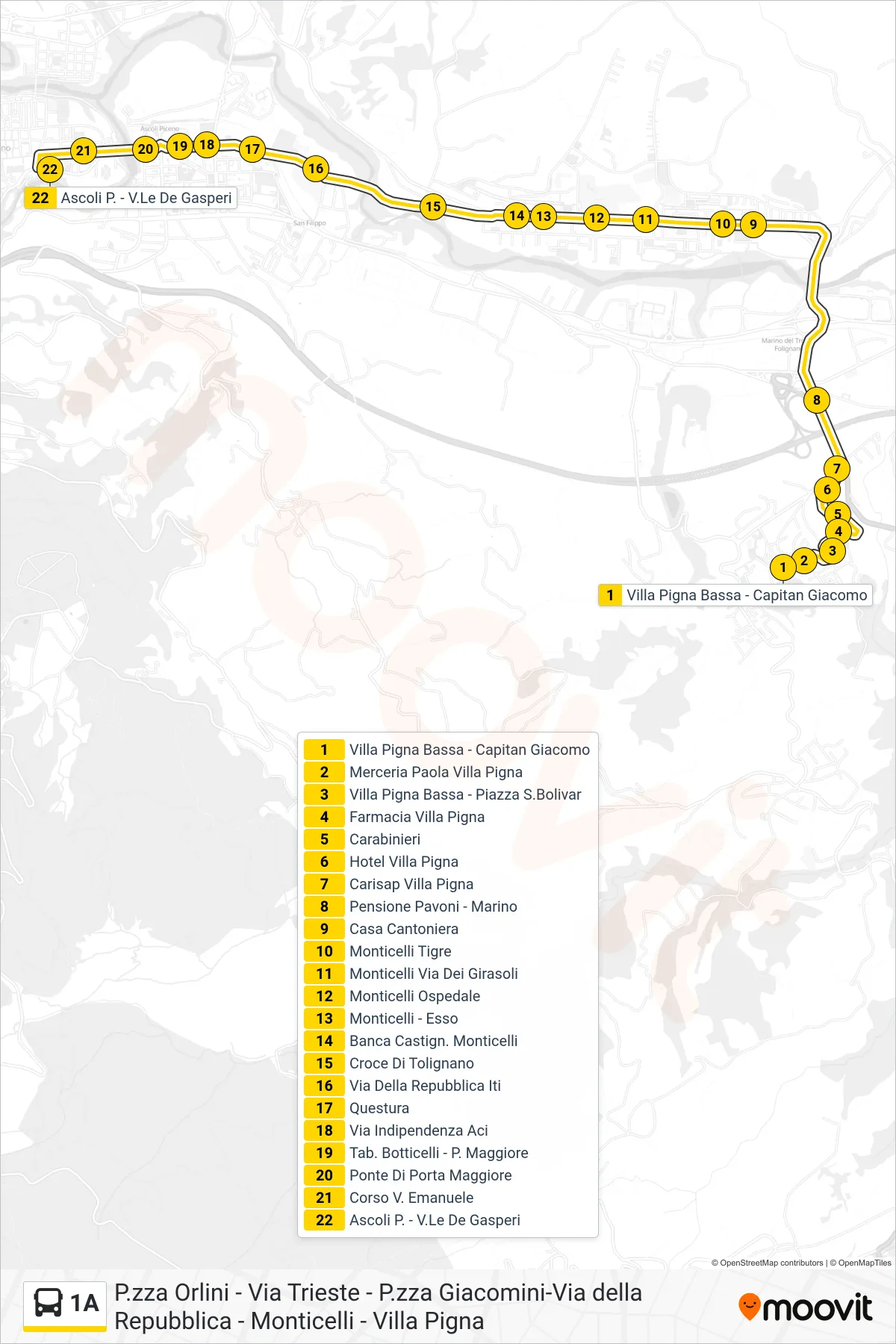 Linea 1A  bus (Ascoli P. - V.Le De Gasperi) - Percorsi e fermate sulla mappa