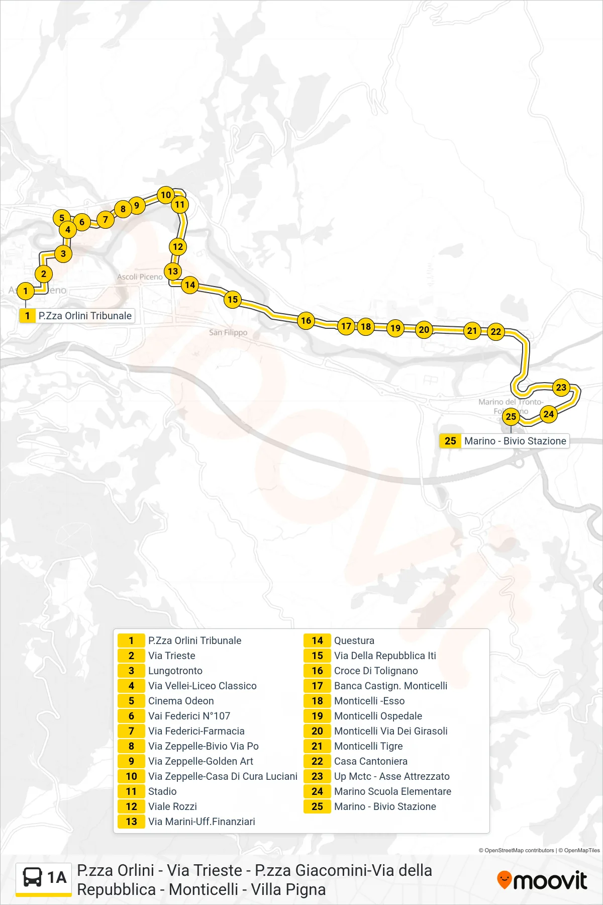Linea 1A  bus (Marino - Bivio Stazione) - Percorsi e fermate sulla mappa